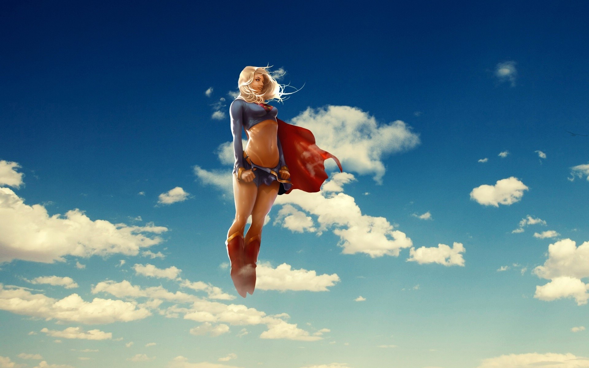 General 1920x1200 Supergirl sky clouds flying blonde superhero artwork DC Comics superheroines cape digital art fantasy girl belly