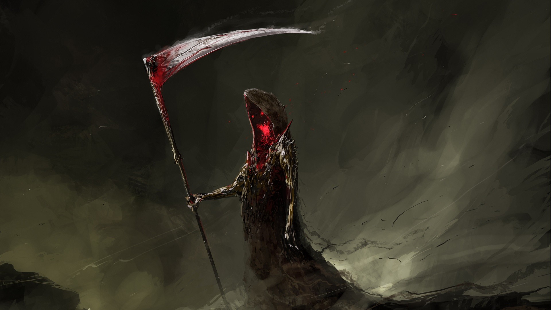 General 1920x1080 blood creature fantasy art dark fantasy Grim Reaper red eyes death scythe painting