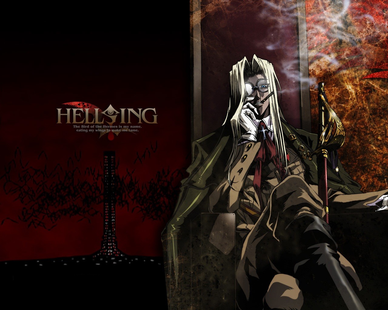 Anime 1280x1024 Hellsing sword Sir Integra Fairbrook Wingates Hellsing bats logo tower anime frontal view