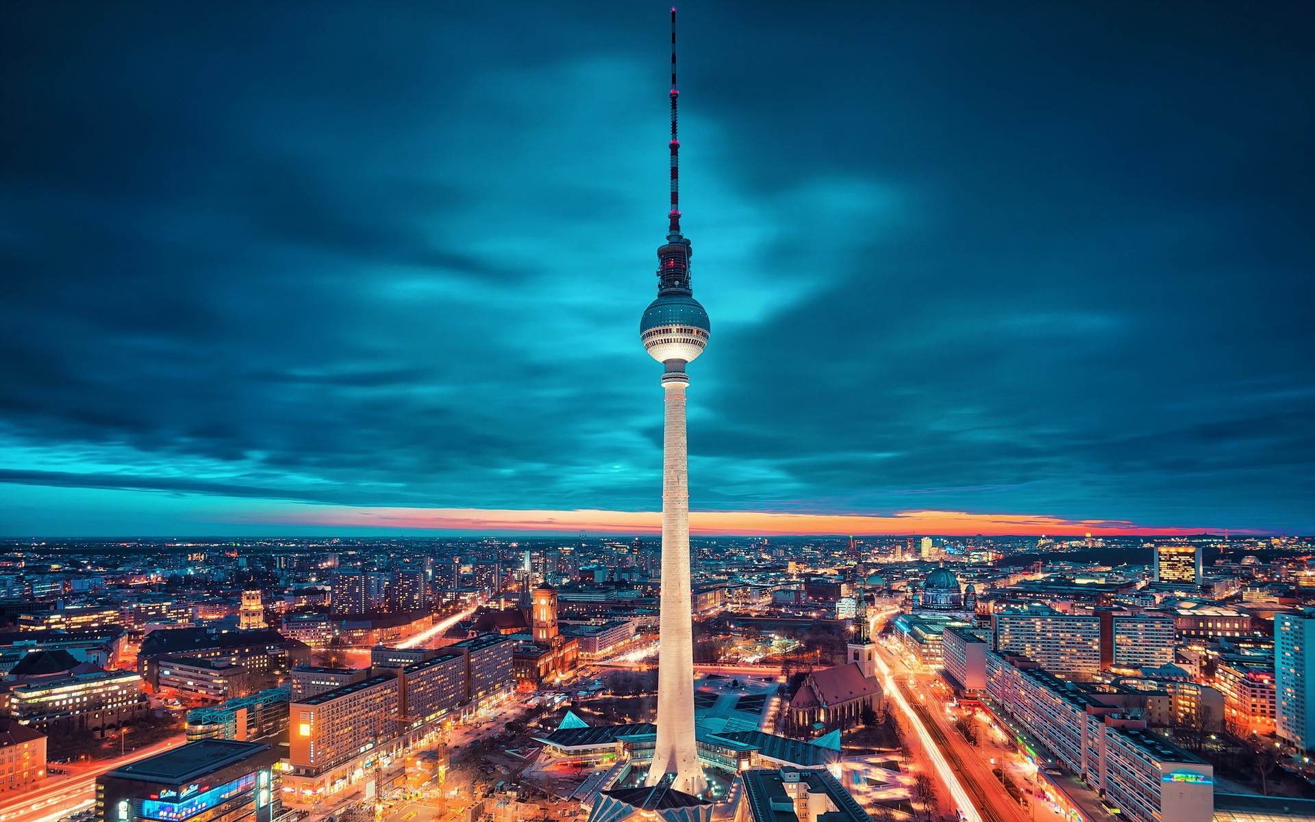 General 1920x1200 cityscape lights tower Berlin clouds night Germany blue city lights evening city cyan