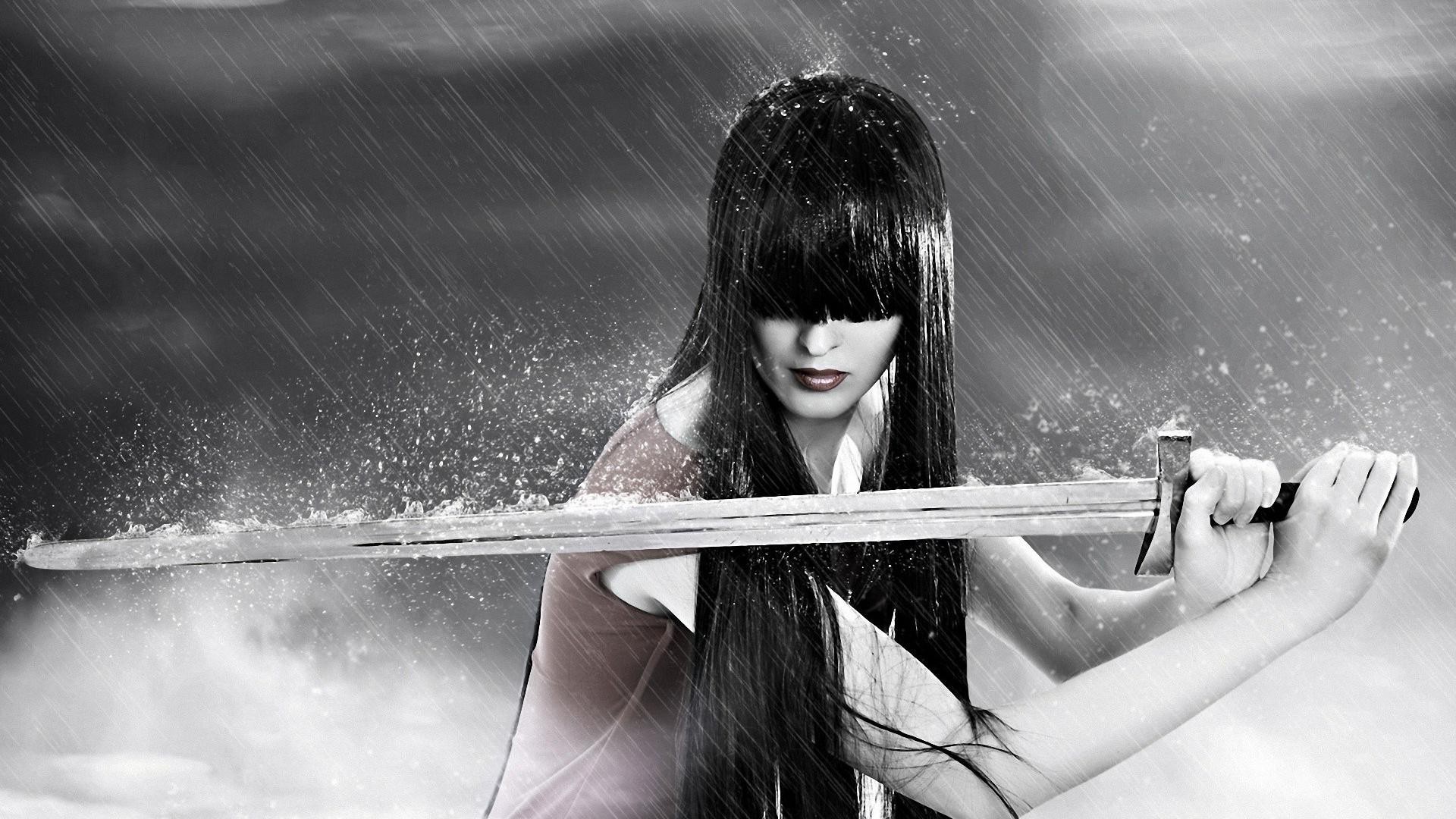 General 1920x1080 women sword rain bangs warrior long hair model fantasy girl samurai women with swords weapon hair covering eyes selective coloring