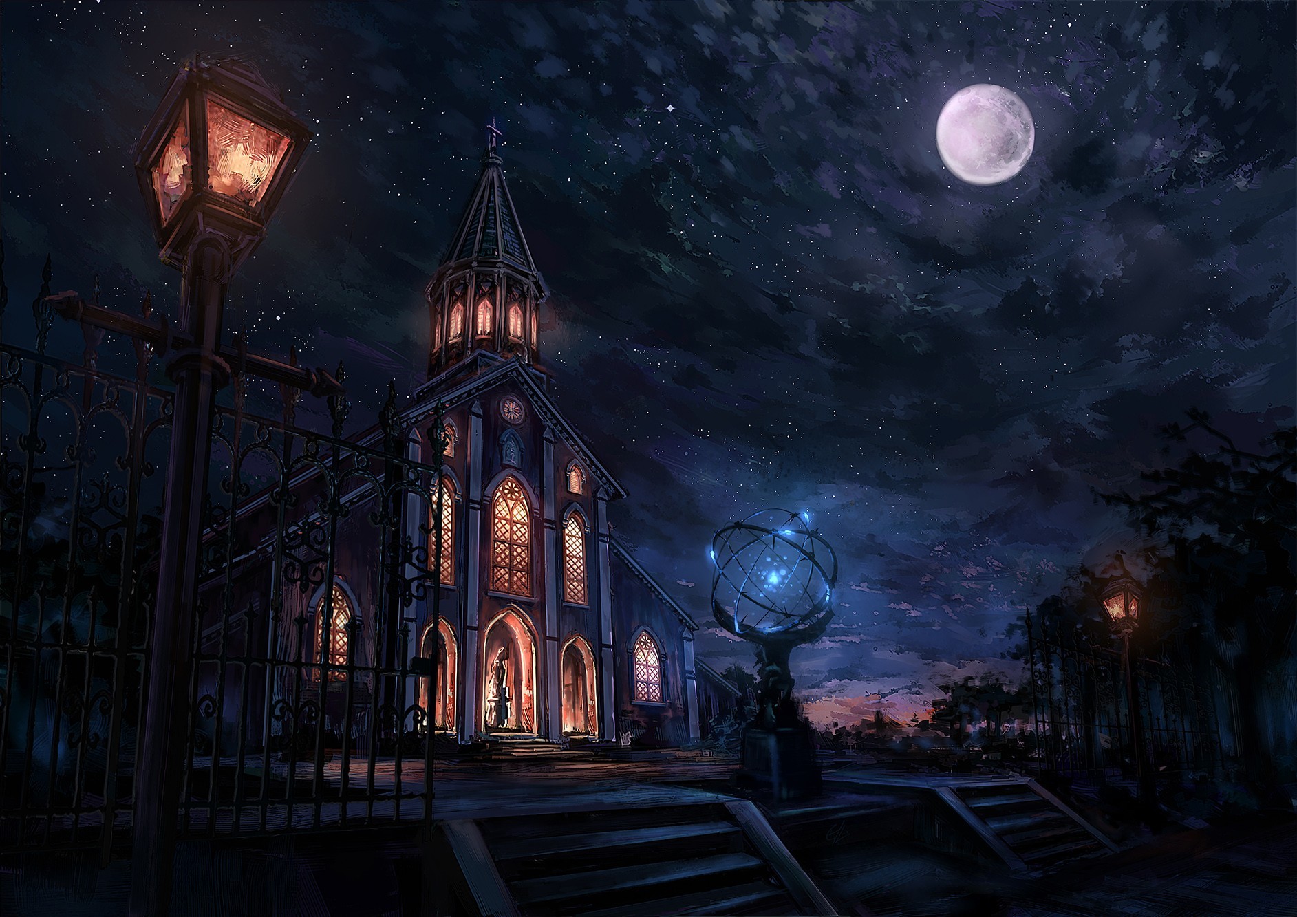 General 1885x1333 night cityscape city Moon fantasy art church sky dark artwork