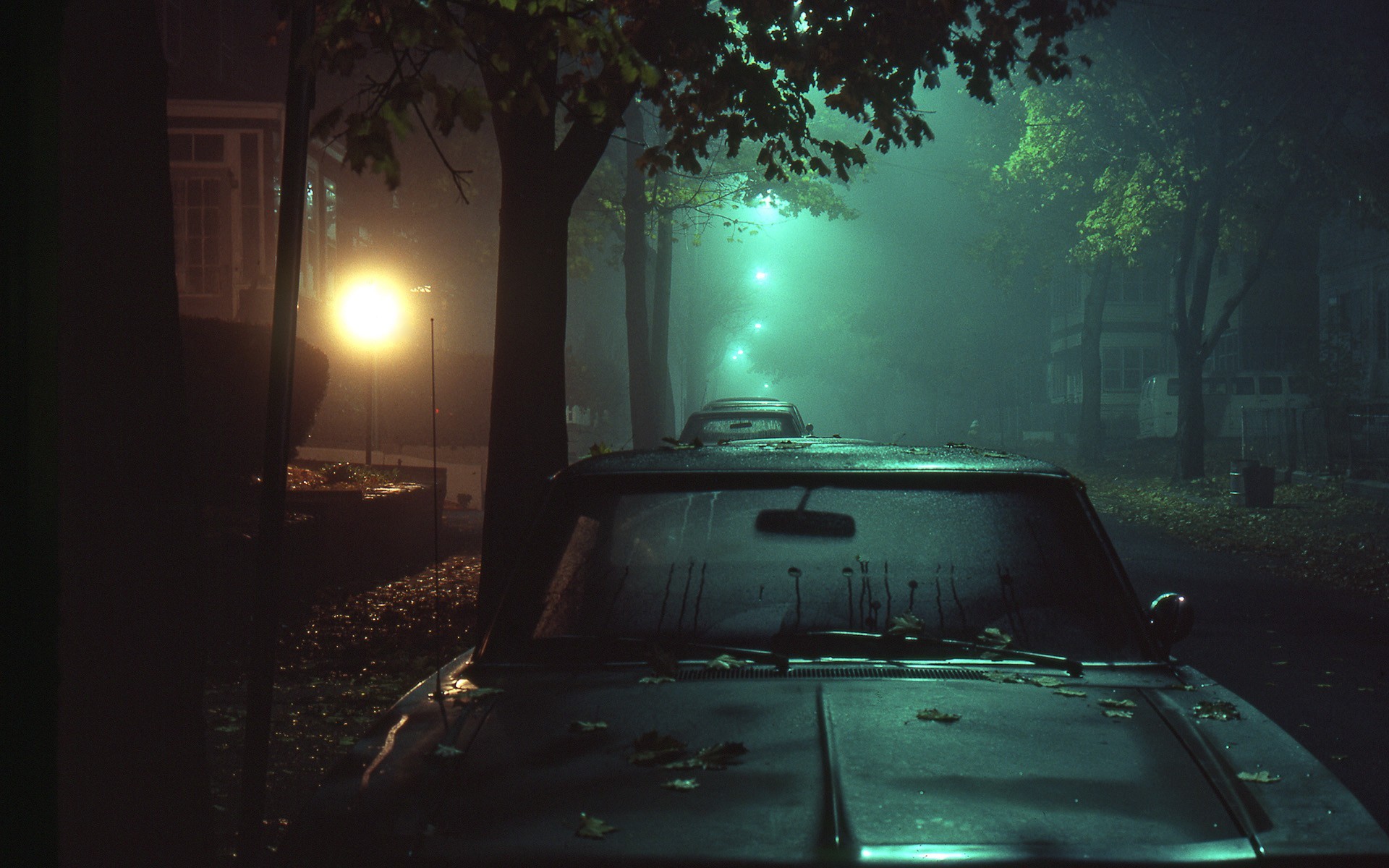 General 1920x1200 street car night street light lights mist dew green turquoise vehicle trees