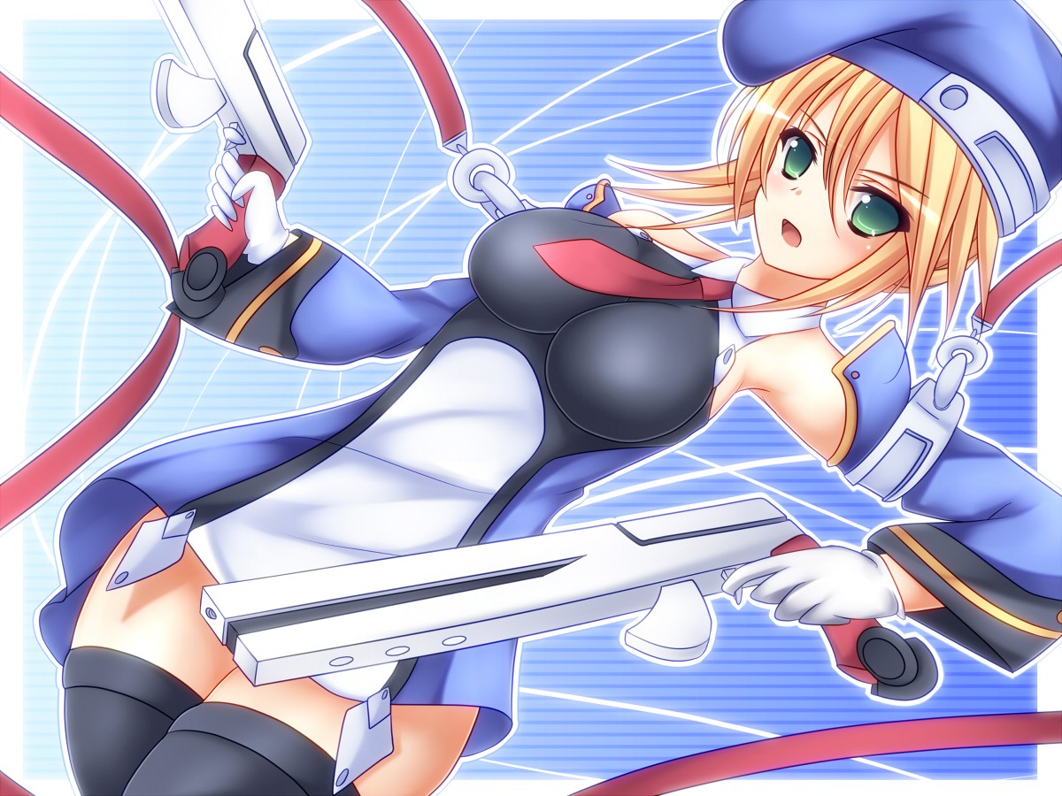 Anime 1200x900 Blazblue Noel Vermillion anime anime girls big boobs boobs girls with guns anime girls with guns green eyes blonde open mouth tie looking at viewer gun weapon dual wield boob pockets thighs