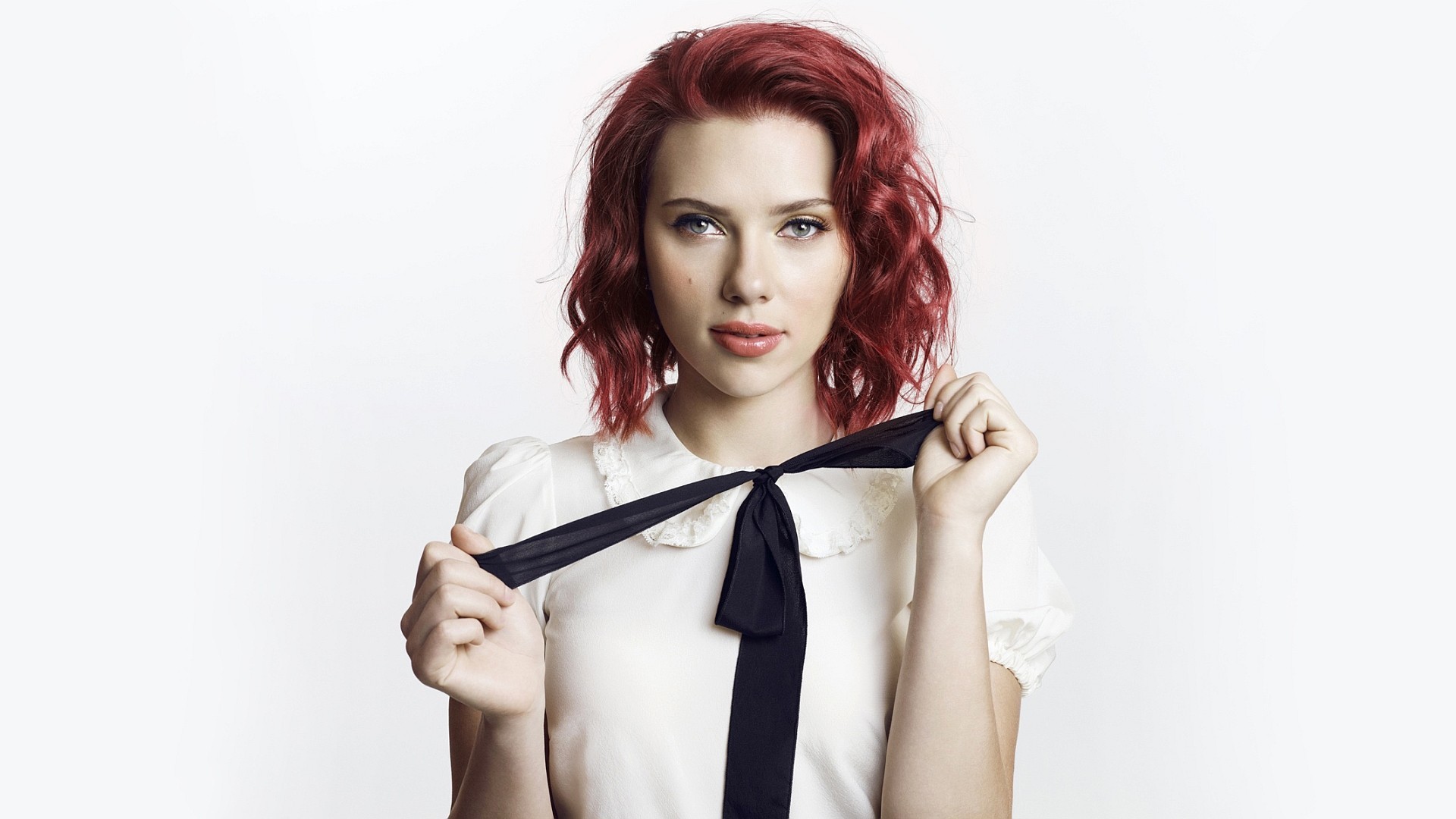 People 1920x1080 Scarlett Johansson redhead women actress blue eyes face portrait simple background celebrity looking at viewer white background tie makeup red lipstick dyed hair women indoors