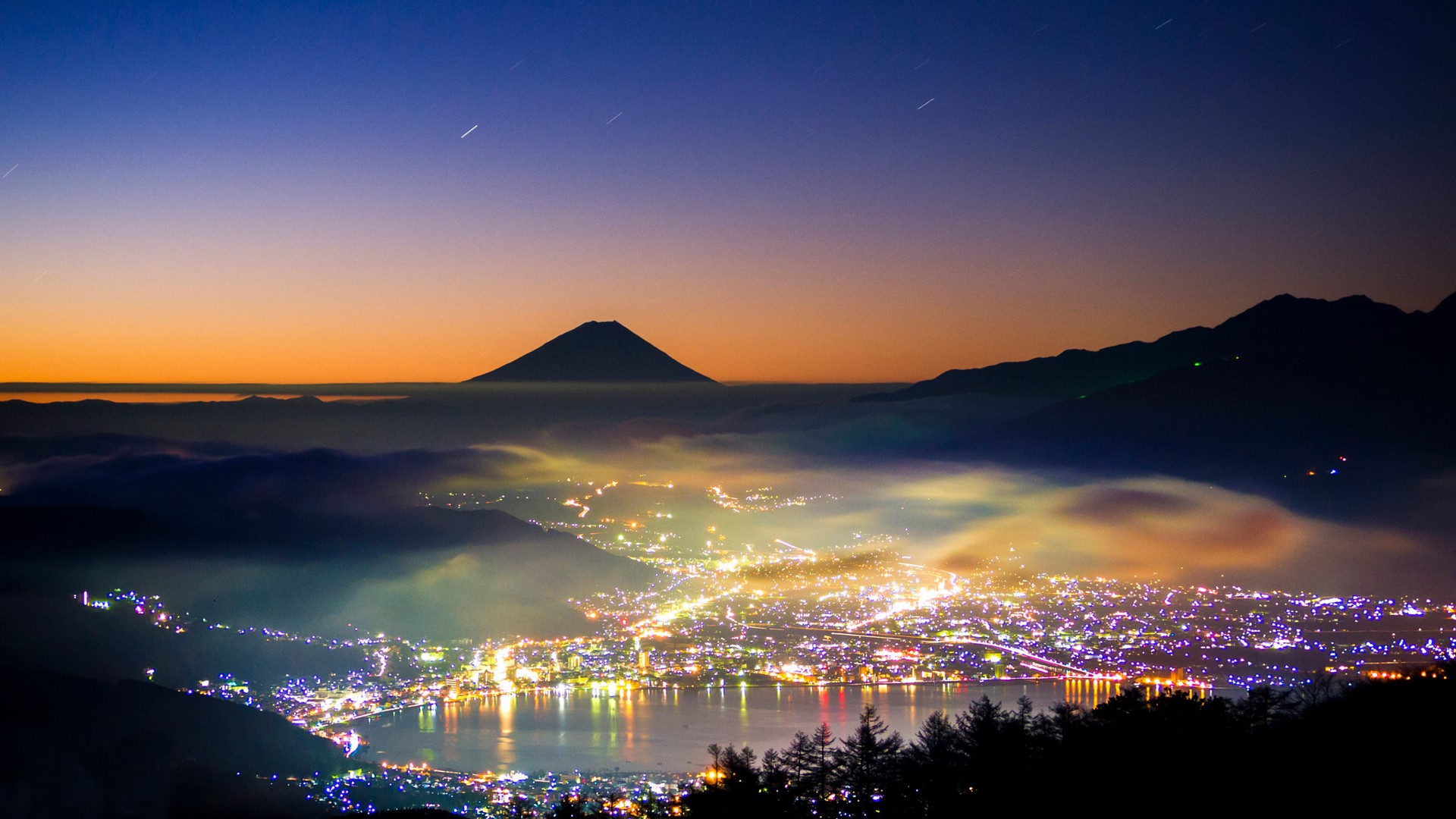 General 1920x1080 nature landscape mountains Mount Fuji Japan evening hills trees mist long exposure city lake sunset lights stars silhouette forest Asia