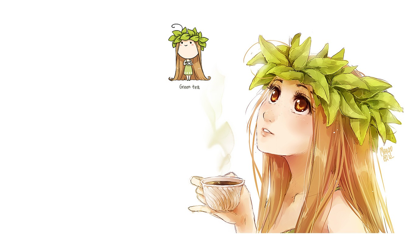 General 1366x768 anime girls anthropomorphism tea white background simple background DeviantArt looking up cup long hair women
