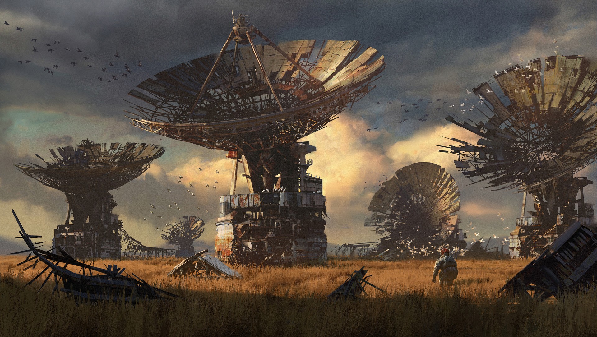 General 1920x1084 artwork digital art concept art satellite apocalyptic ruins birds sky