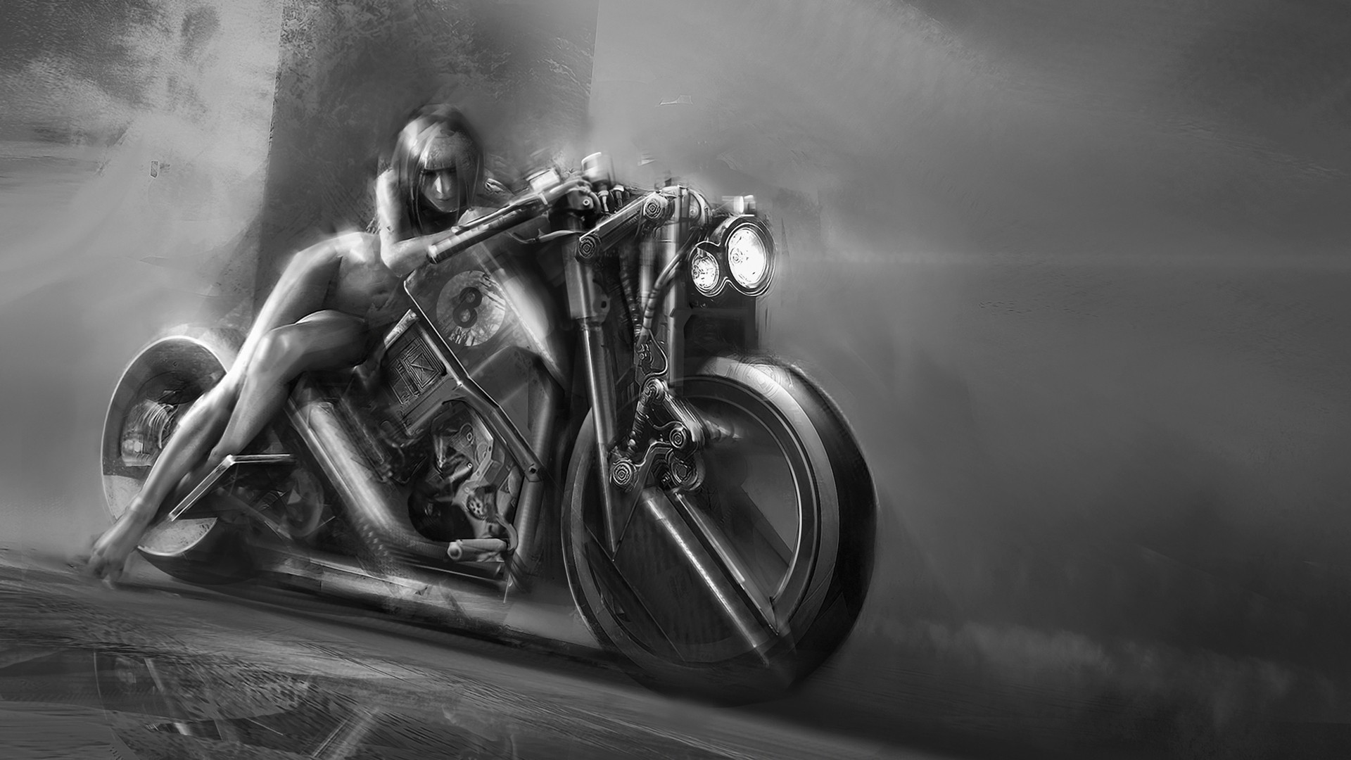General 1920x1080 artwork erotic art  women nude motorcycle vehicle women with motorcycles monochrome