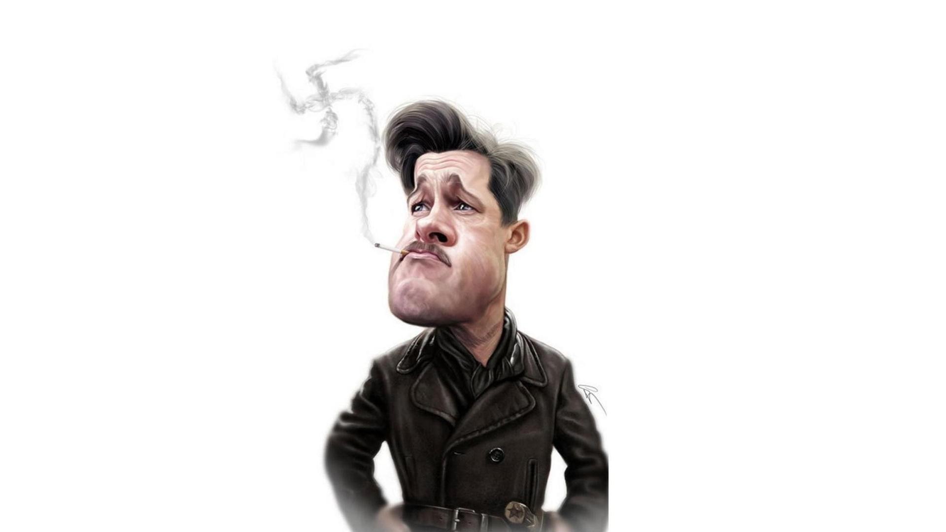 General 1920x1080 Nazi Brad Pitt swastika humor caricature white white background smoking movies Inglourious Basterds artwork