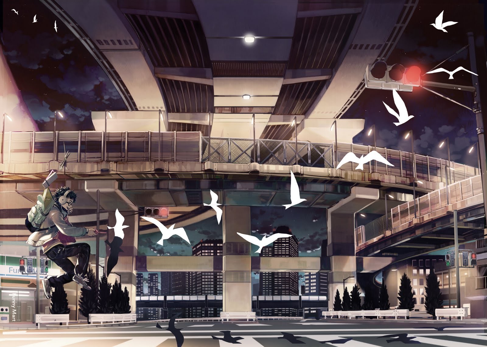 Anime 1600x1141 city birds flying anime boys sky building anime urban street traffic lights