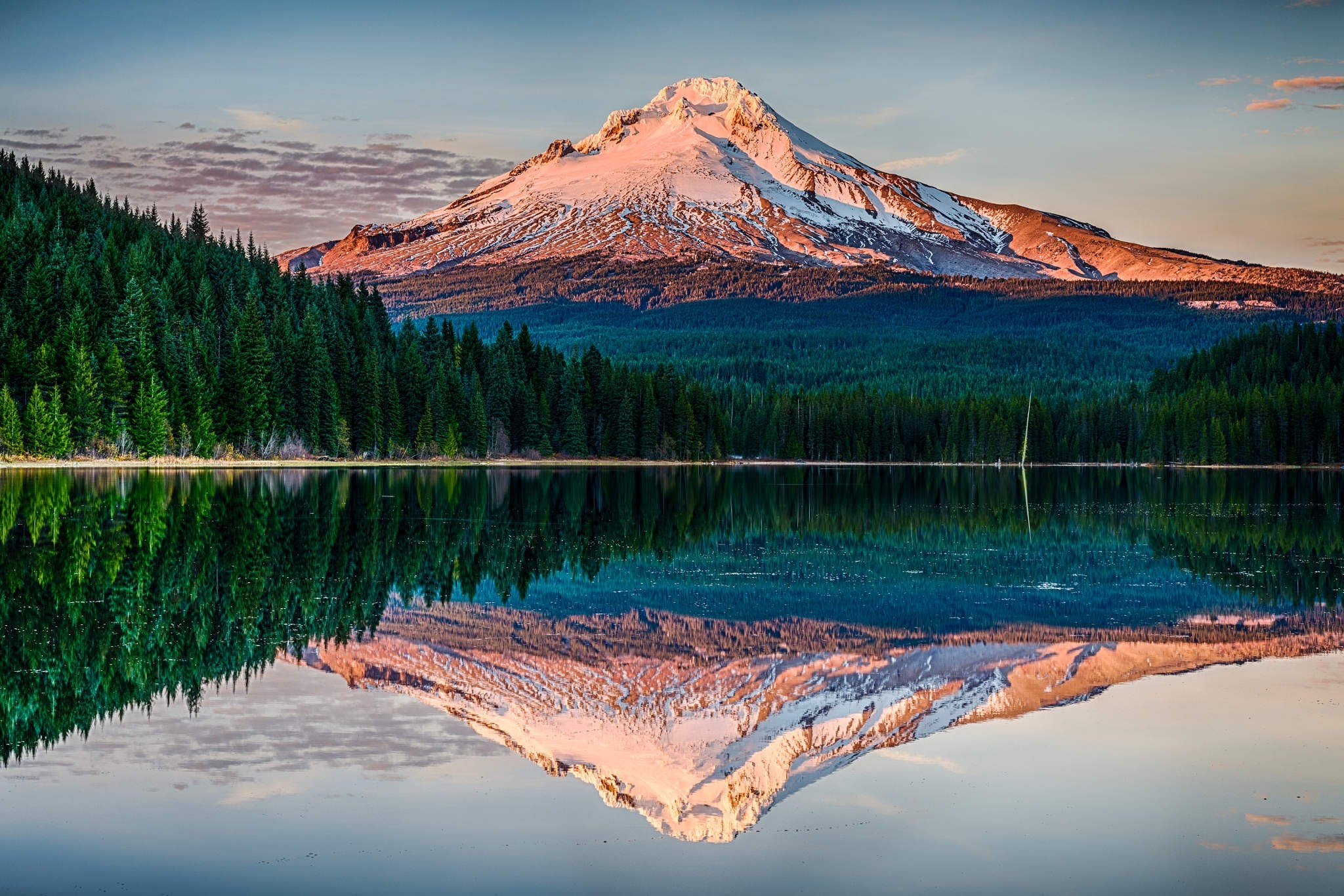 General 2048x1366 nature landscape snowy peak mountains sunset forest lake water reflection Oregon calm trees USA