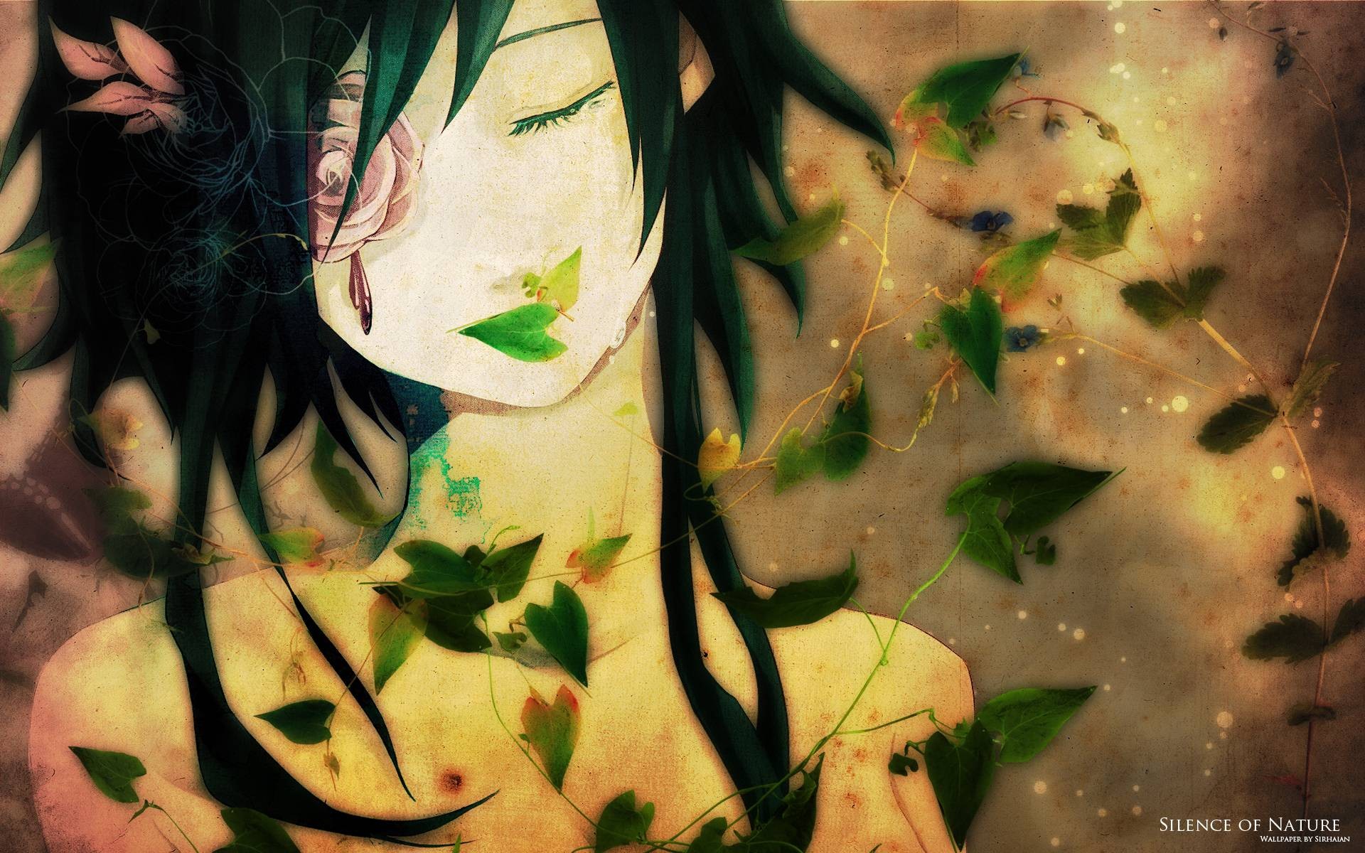Anime 1920x1200 rose leaves nature anime girls anime portrait closed eyes women flowers plants dark hair face Sirhaian