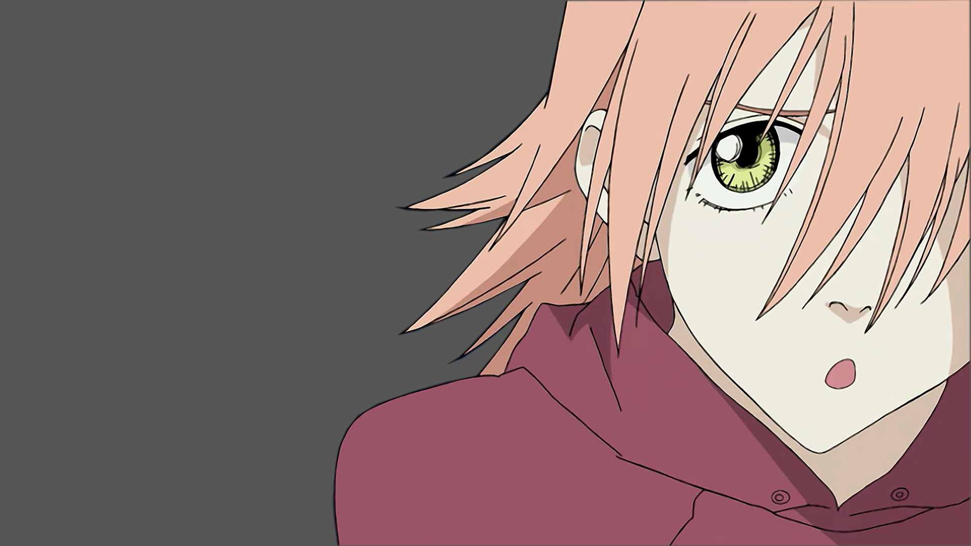 Anime 1920x1080 FLCL anime simple background minimalism green eyes gray background face hair in face