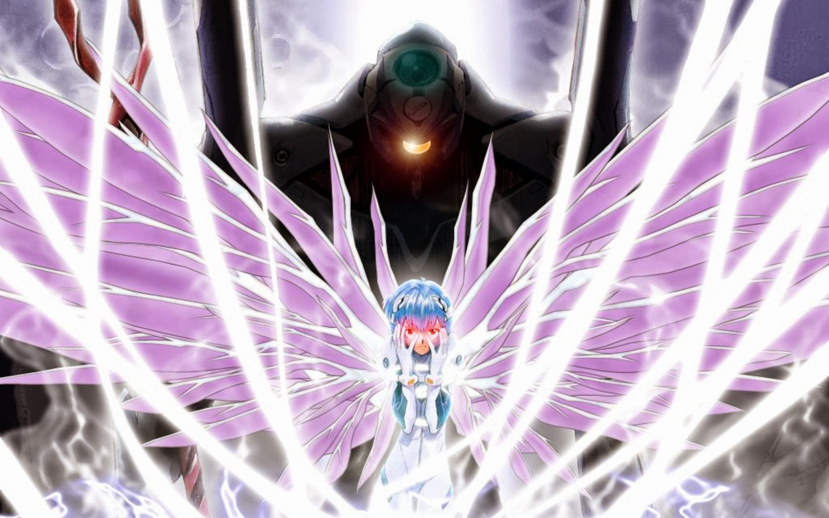 Anime 1680x1050 anime Neon Genesis Evangelion Ayanami Rei EVA Unit 00 wings red eyes glowing eyes cyan hair