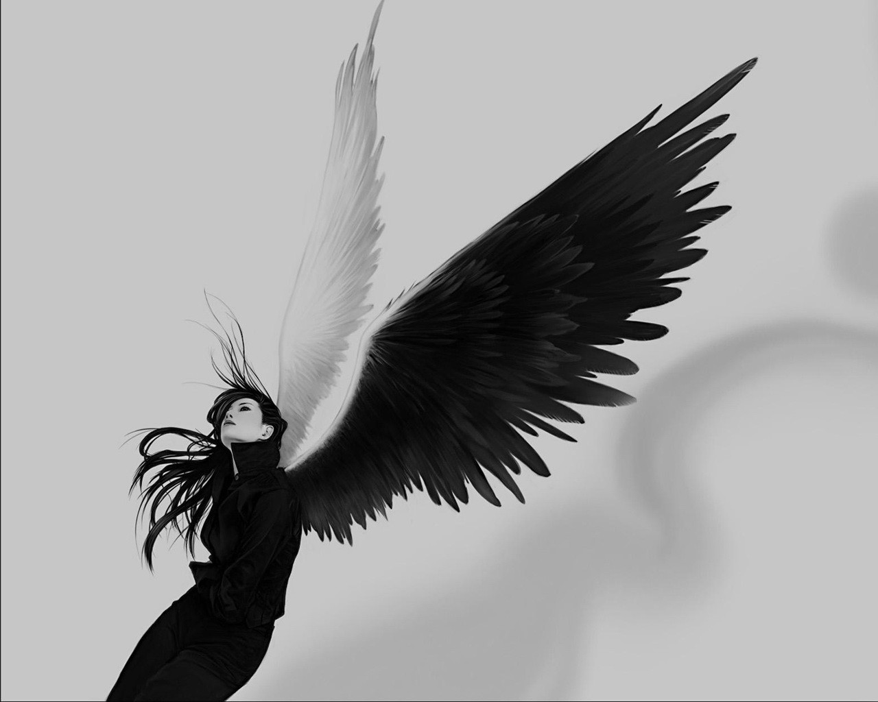 General 1280x1024 women wings angel fantasy art fantasy girl monochrome simple background long hair