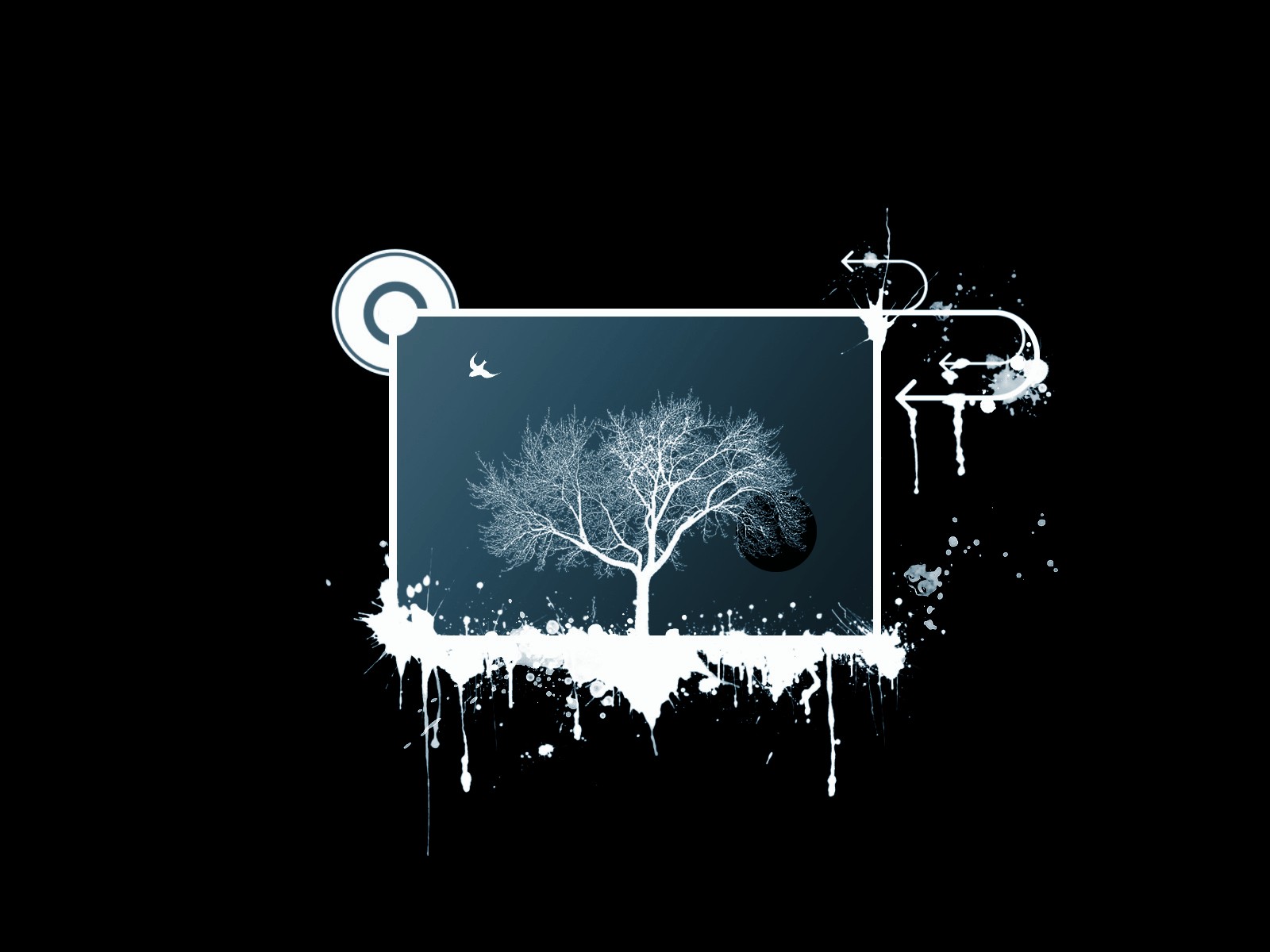 General 1600x1200 trees birds paint splatter digital art simple background black background artwork arrow (design)