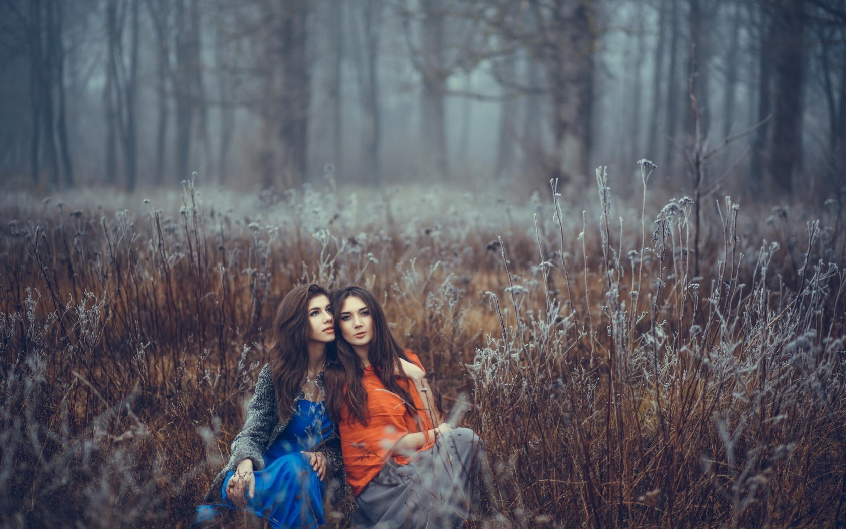 People 1680x1050 women brunette trees grass women outdoors nature plants long hair model two women sitting looking up looking into the distance cold