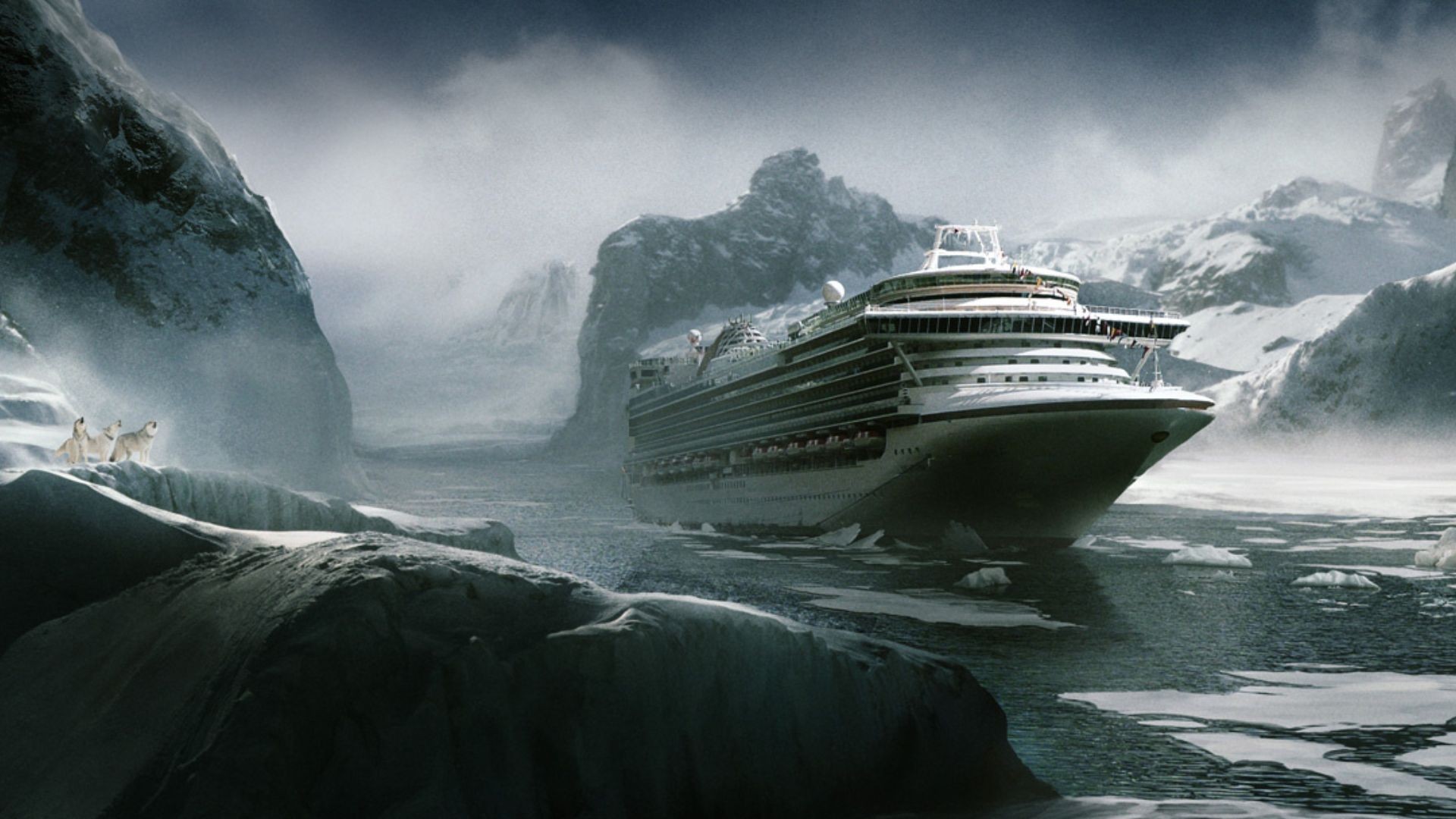 General 1920x1080 artwork mountains ship cruise ship vehicle digital art frontal view water mist ice snow wolf animals