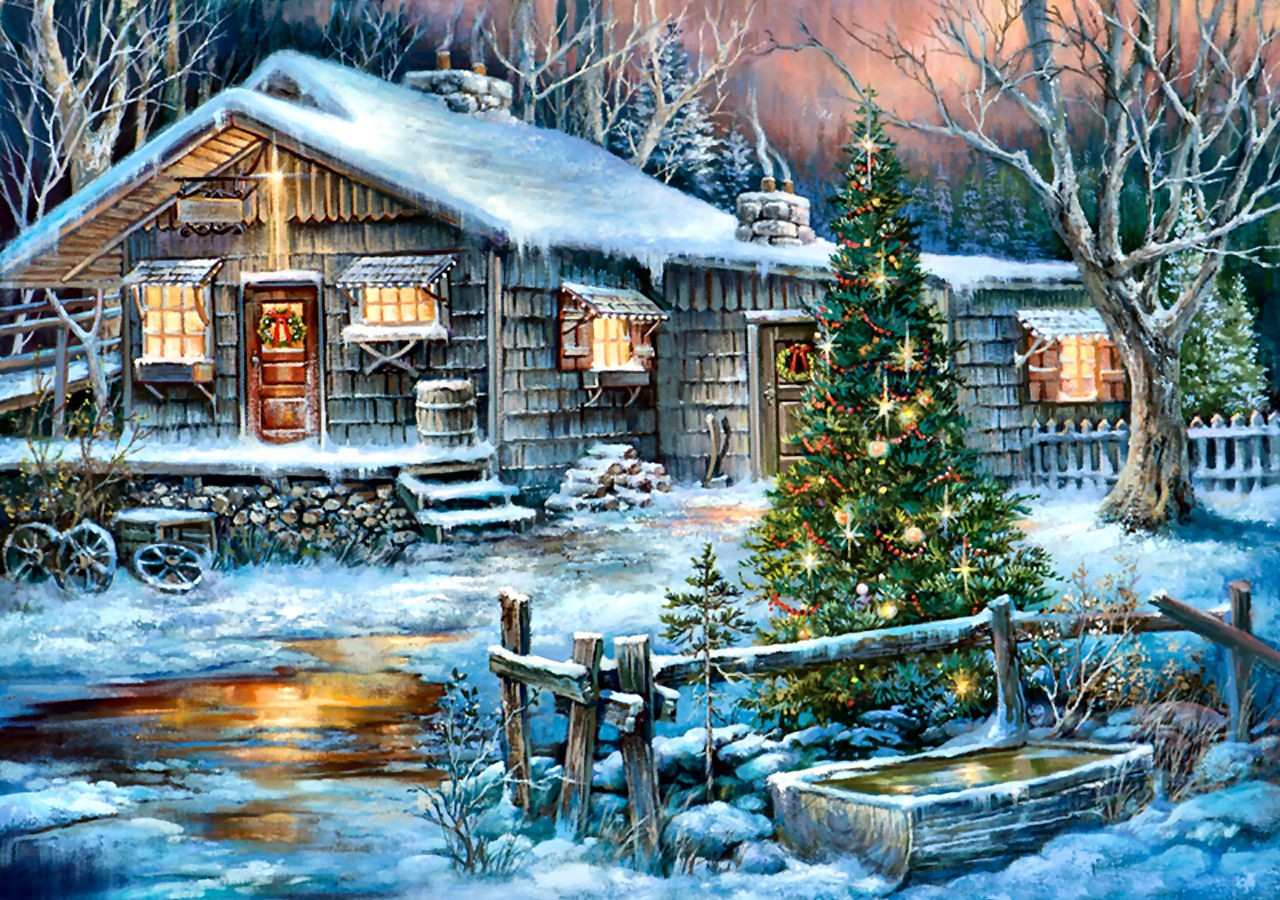 General 1280x900 Christmas artwork Christmas tree snow house