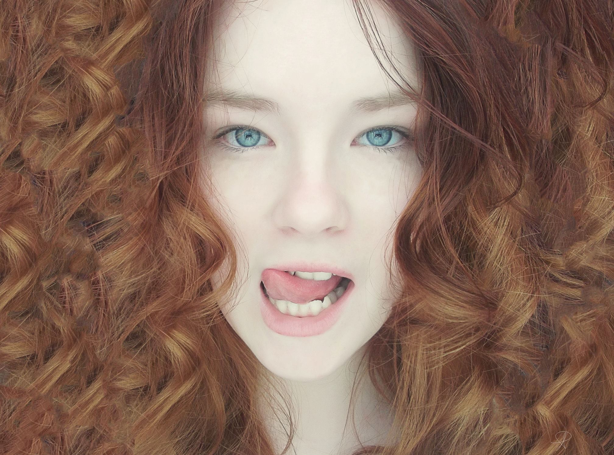 People 2016x1494 redhead lips green eyes women face tongues blue eyes portrait curly hair looking at viewer closeup tongue out