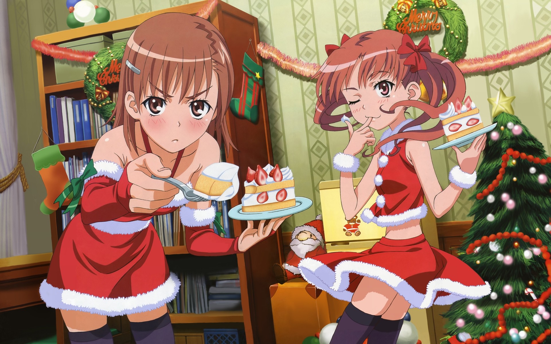 Anime 1920x1200 anime Christmas To Aru Kagaku no Railgun To aru Majutsu no Index Misaka Mikoto Shirai Kuroko anime girls food sweets cake Santa costume anime girls eating