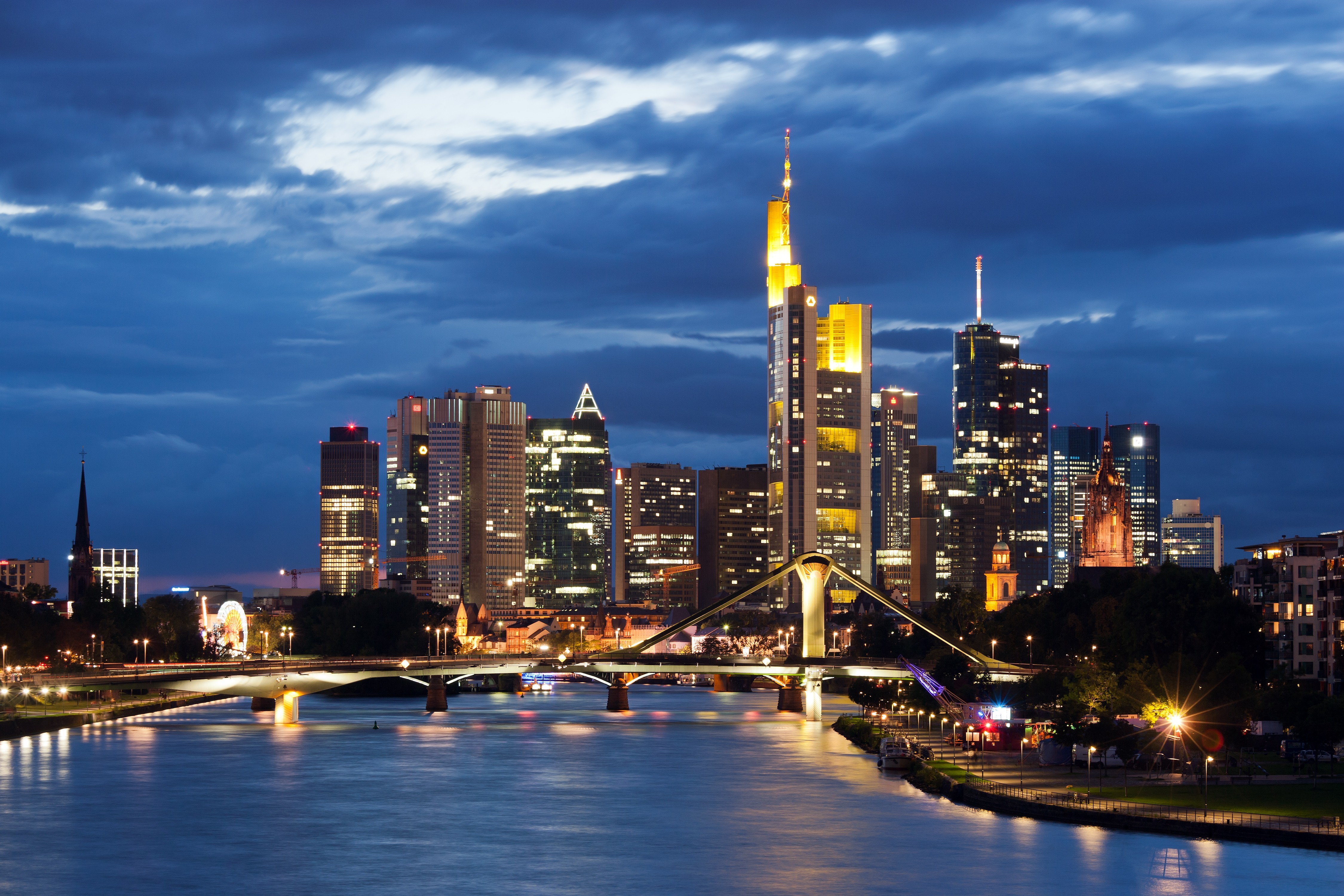 General 4500x3000 cityscape Frankfurt Germany city lights river bridge water clouds