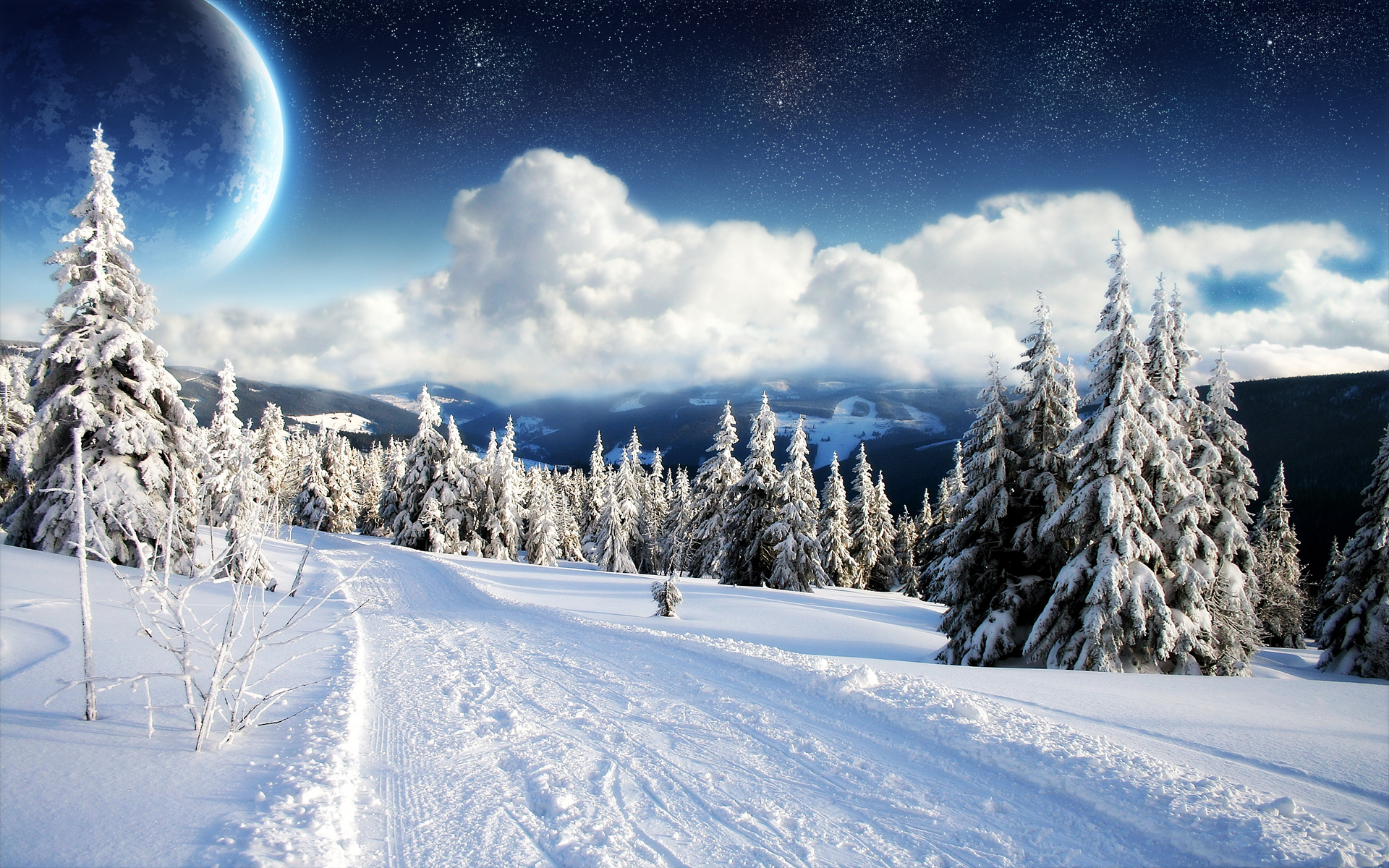 General 1920x1200 snow winter sky mountains nature cold ice trees road photo manipulation digital art