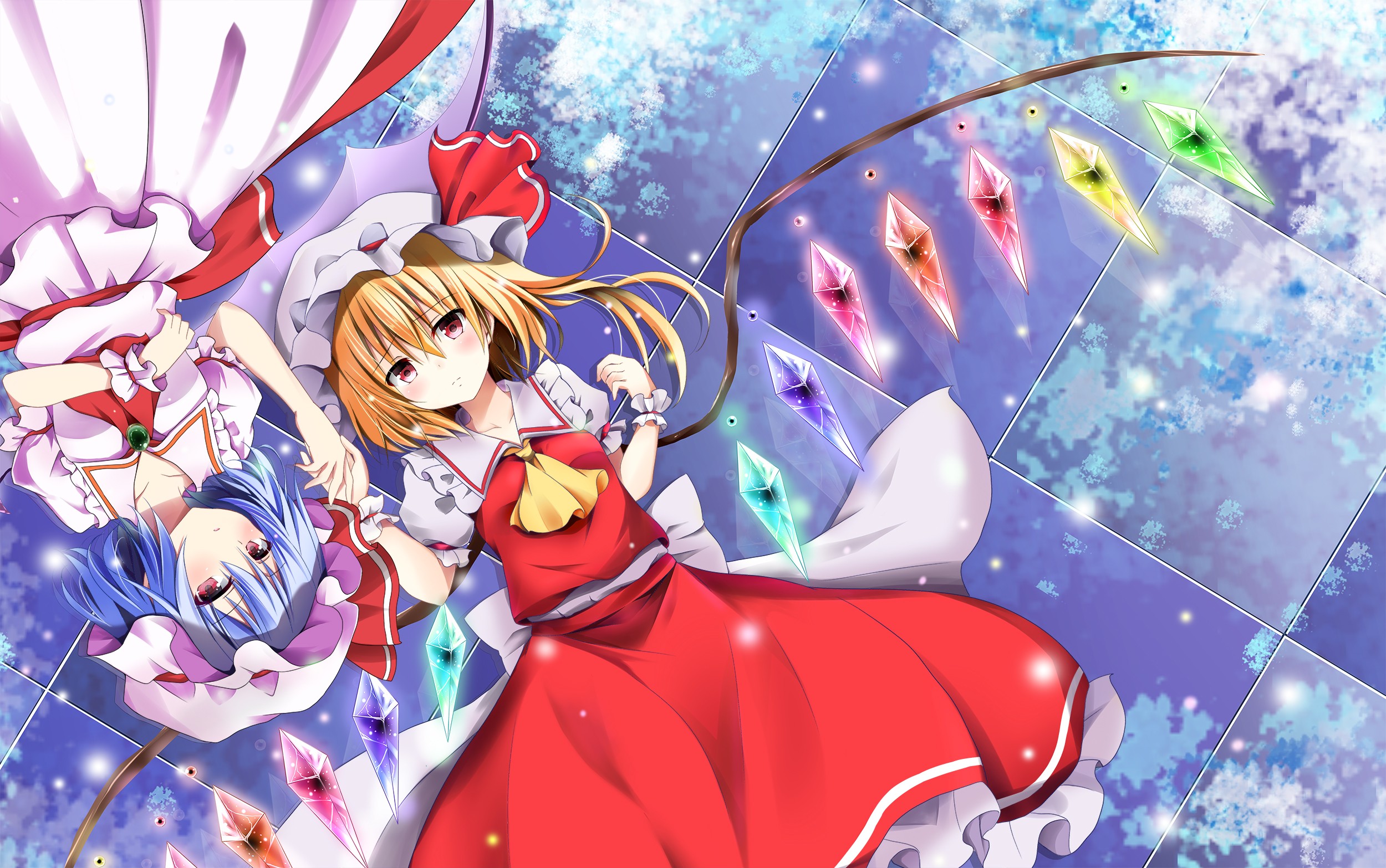 Anime 2500x1567 Touhou Flandre Scarlet Remilia Scarlet anime girls wings two women blonde anime dress red dress purple dress looking at viewer crystal  red eyes pink eyes holding hands