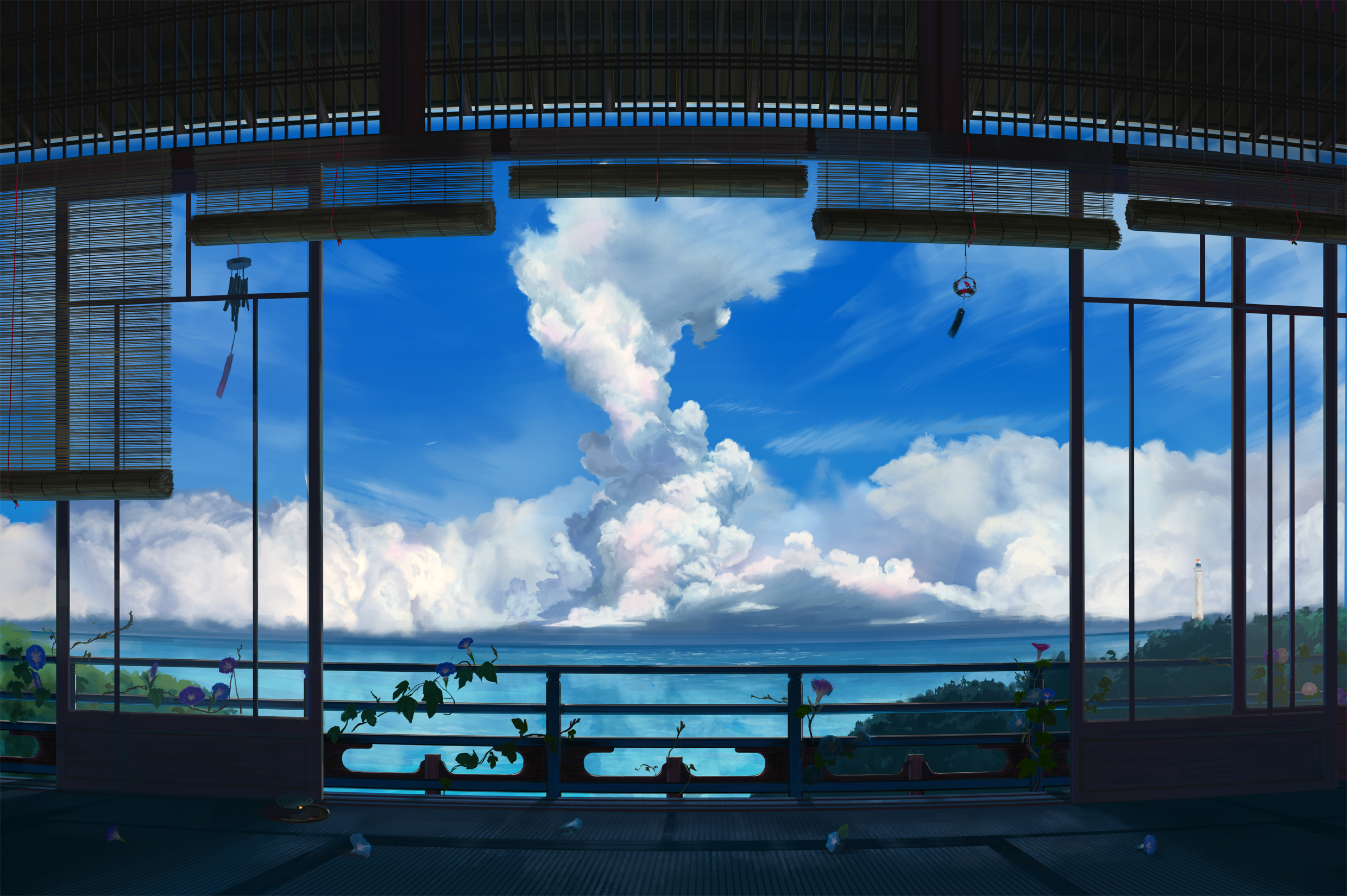 Anime 2480x1650 anime clouds landscape sky artwork nature house room indoors doorways wind chimes lighthouse