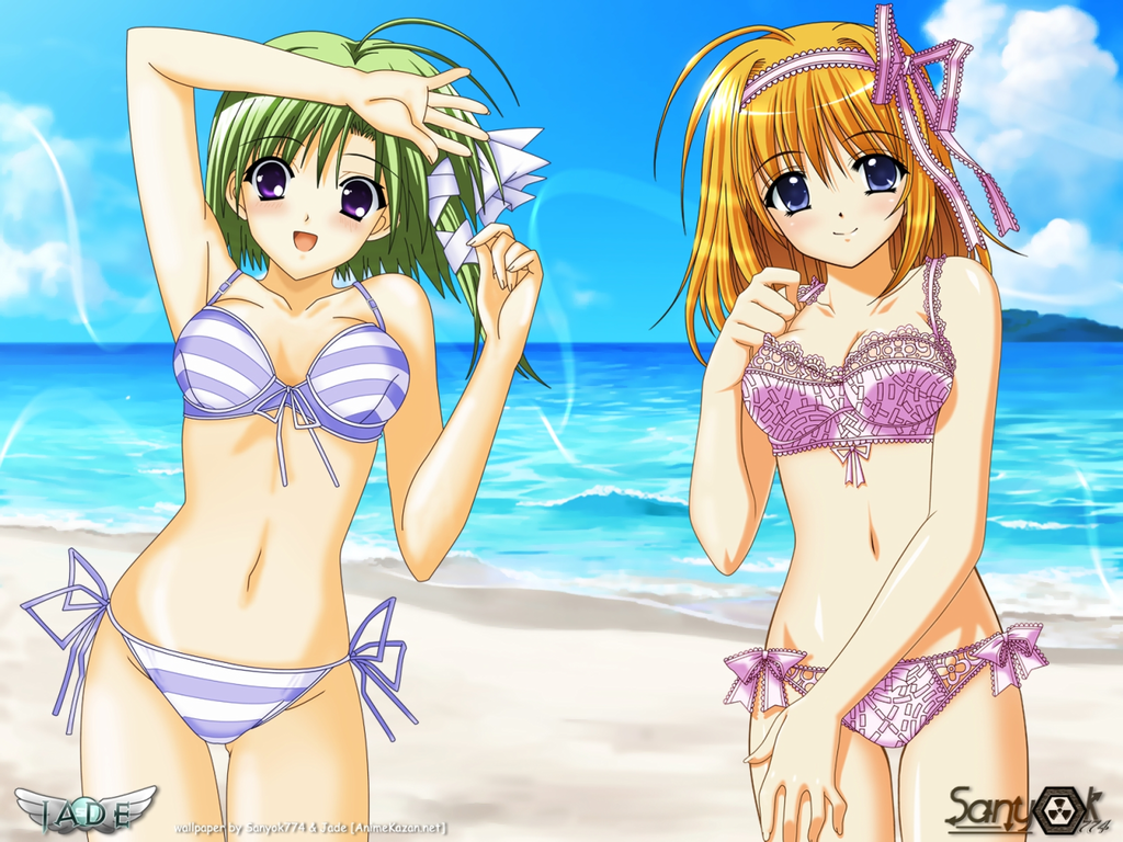 Anime 1024x768 Shuffle! Fuyou Kaede Shigure Asa anime anime girls belly bikini swimwear green hair purple eyes blue eyes two women women on beach women outdoors