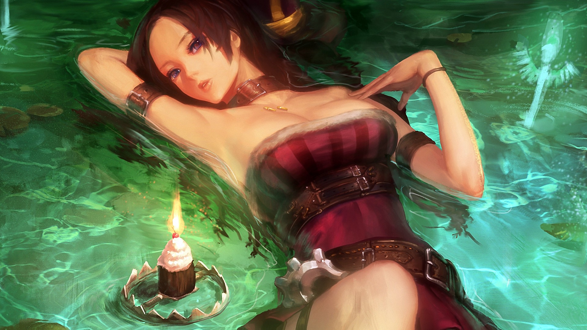 General 1920x1080 League of Legends video games long hair water candles original characters women Caitlyn (League of Legends) boobs in water looking at viewer PC gaming video game art video game girls choker dress red dress fantasy art fantasy girl