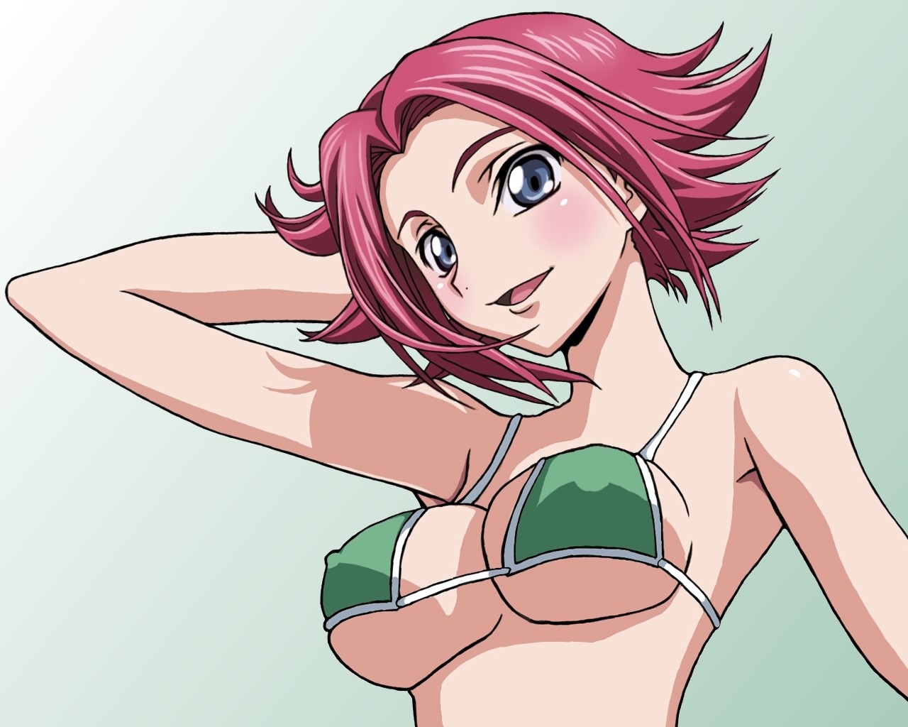 Anime 1280x1024 Code Geass Kallen Stadtfeld anime girls anime boobs blue eyes cleavage 2D bikini bikini top swimwear green bikini pink hair