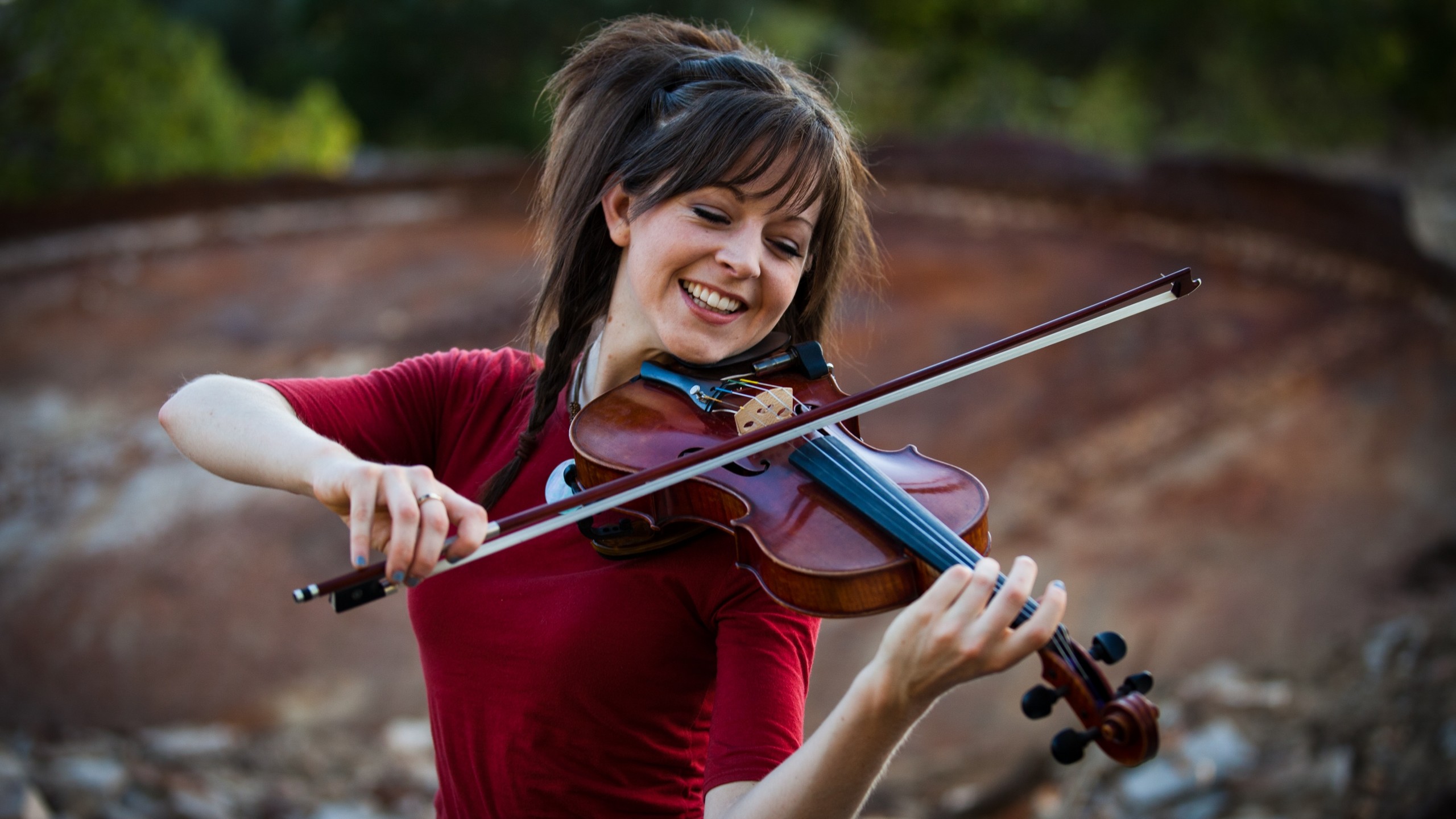 People 2560x1440 Lindsey Stirling women violin musical instrument smiling music women outdoors celebrity musician