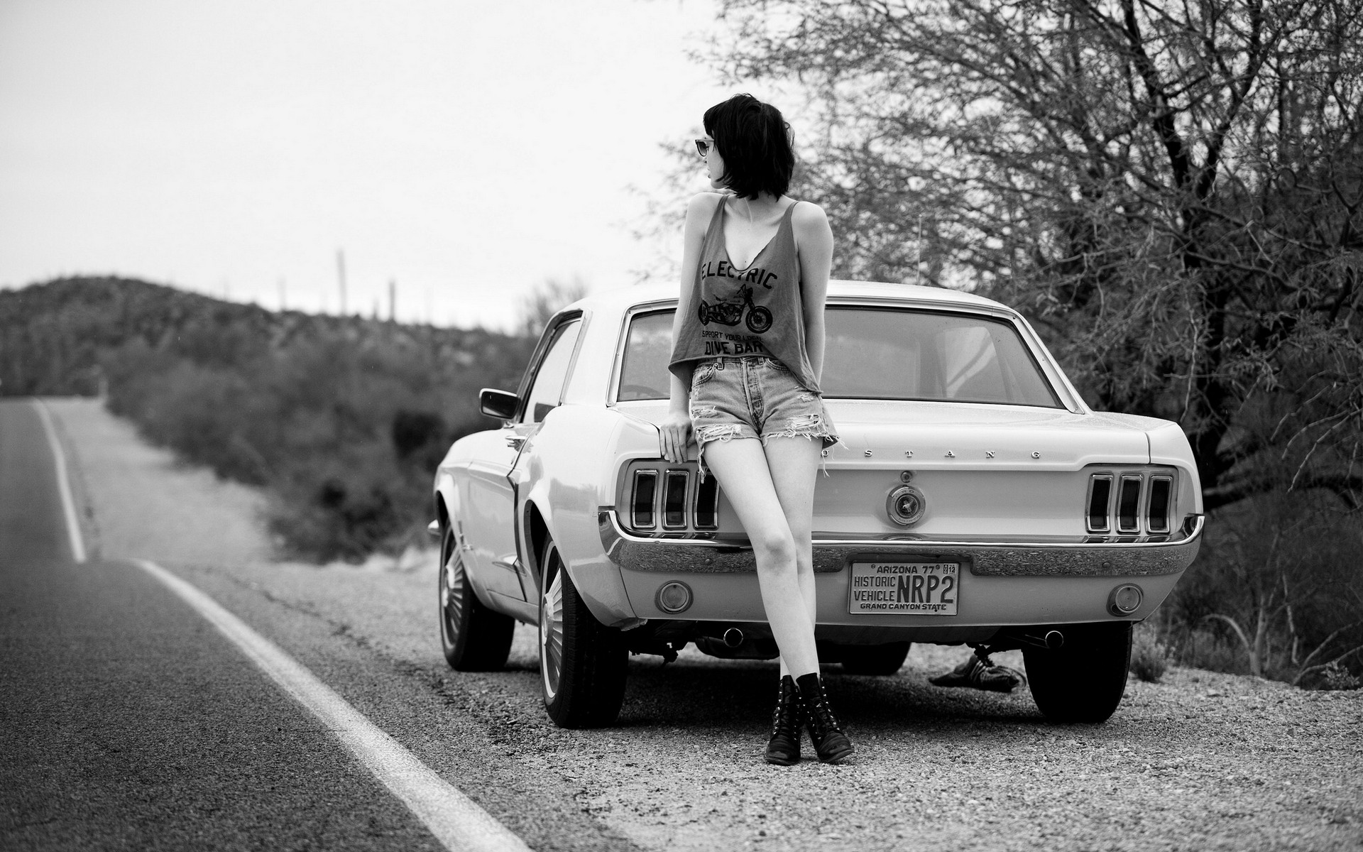 People 1920x1200 monochrome women with cars Ford Mustang jean shorts road looking away women with shades women outdoors car vehicle Ford women muscle cars American cars