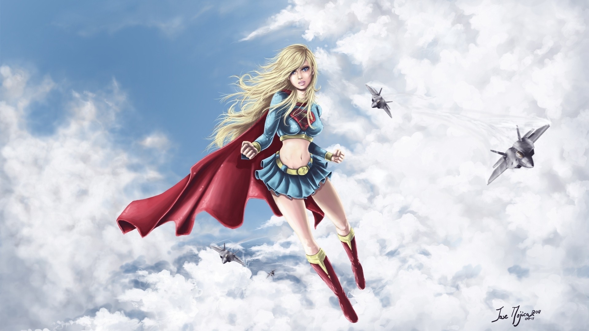 General 1920x1080 model aircraft vehicle military aircraft belly superheroines Supergirl legs cape women sky blonde flying artwork