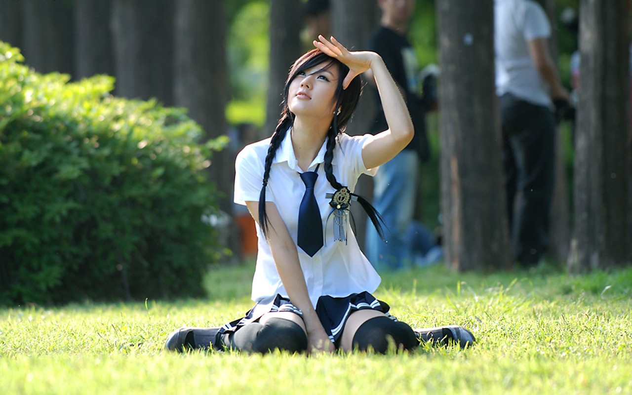 People 1280x800 Asian women outdoors kneeling tie women model looking up dark hair outdoors