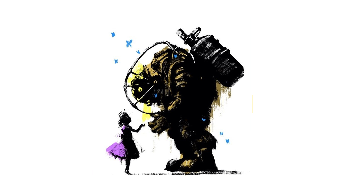 General 1366x768 BioShock 2 video game art video game characters butterfly children PC gaming video games white background simple background Big Daddy