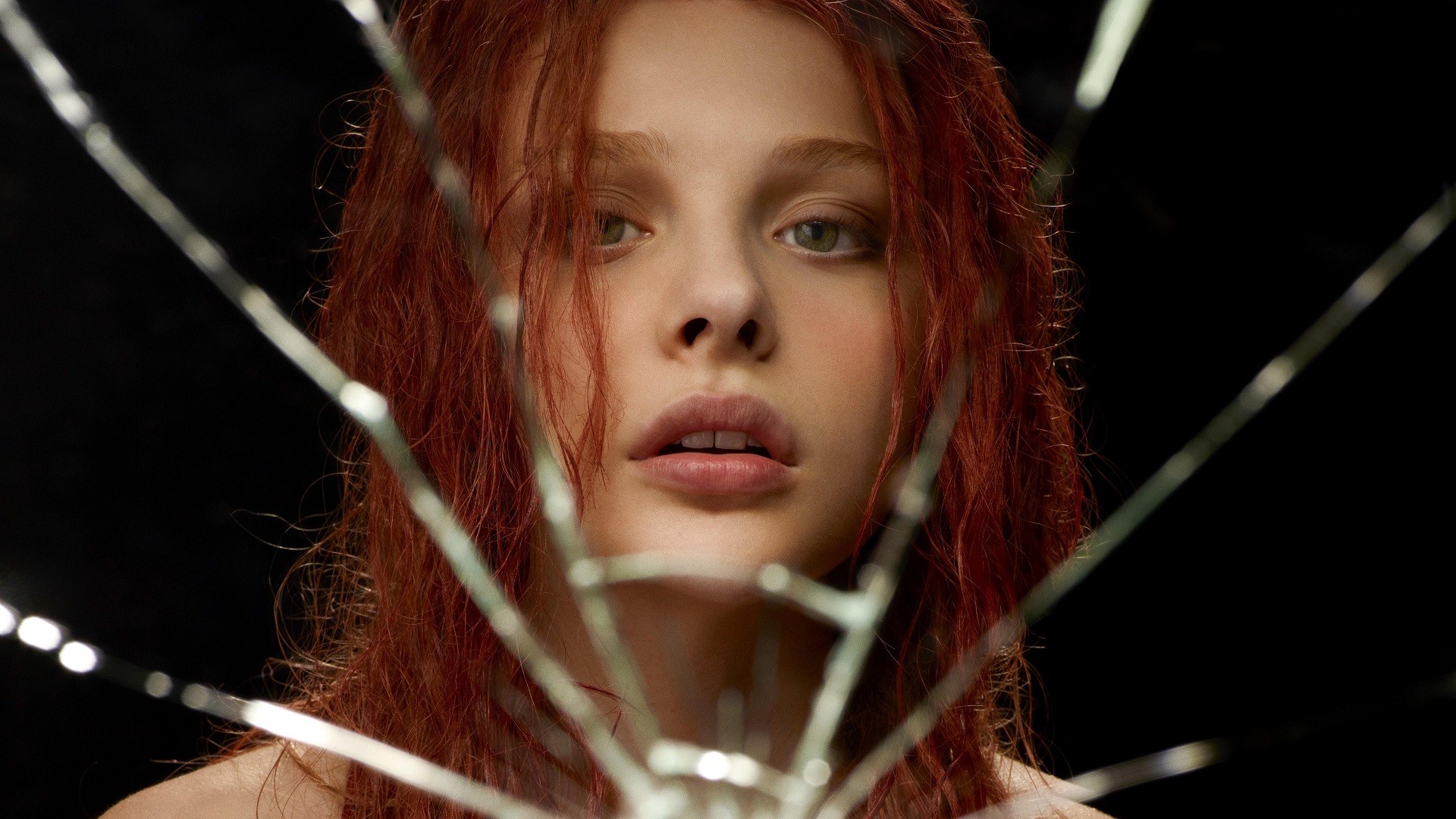 People 1920x1080 women redhead face glass broken glass green eyes actress Carrie movies Chloë Grace Moretz American women closeup hair in face looking at viewer black background