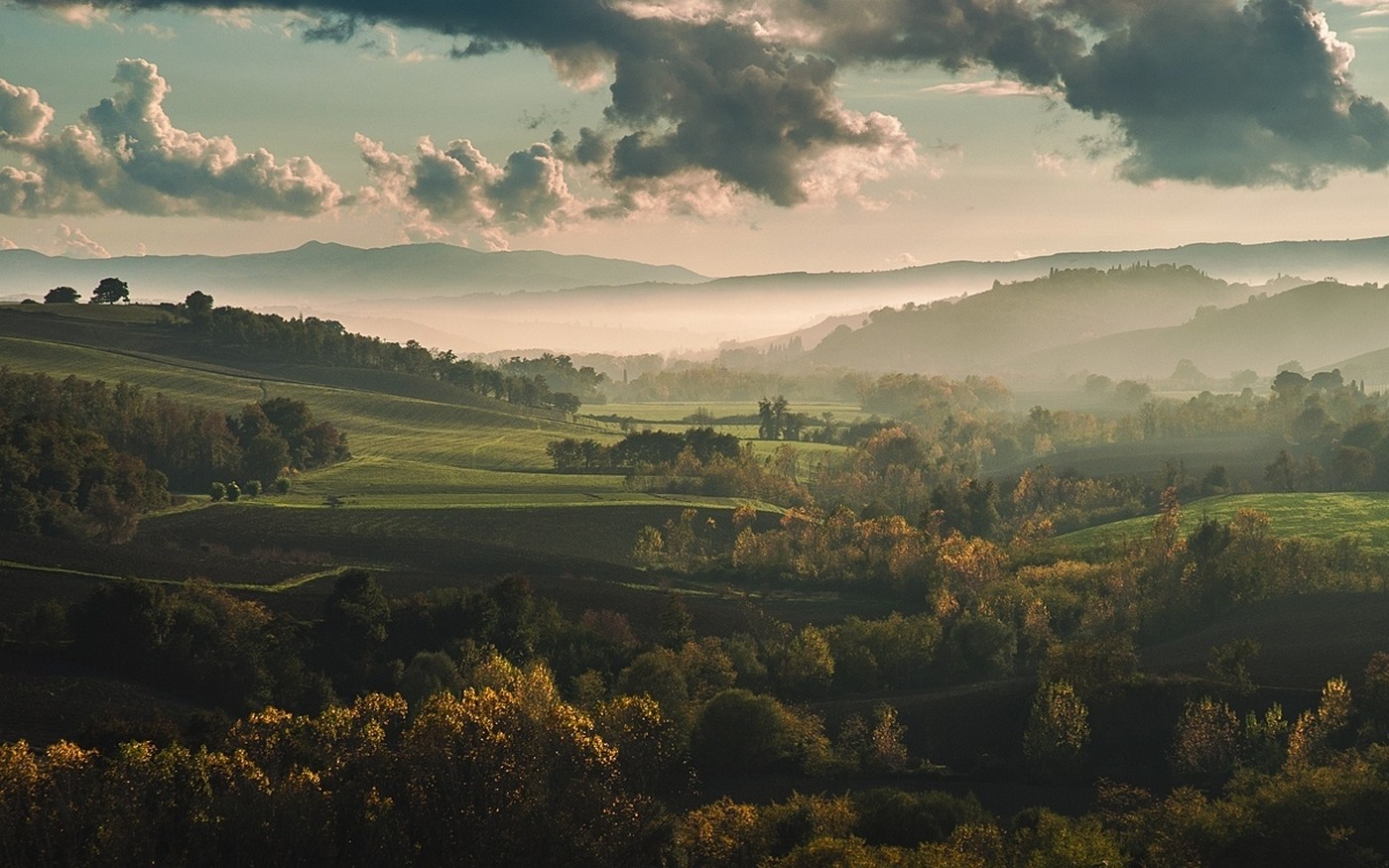 General 1400x875 nature landscape mist fall mountains hills trees Tuscany Italy clouds