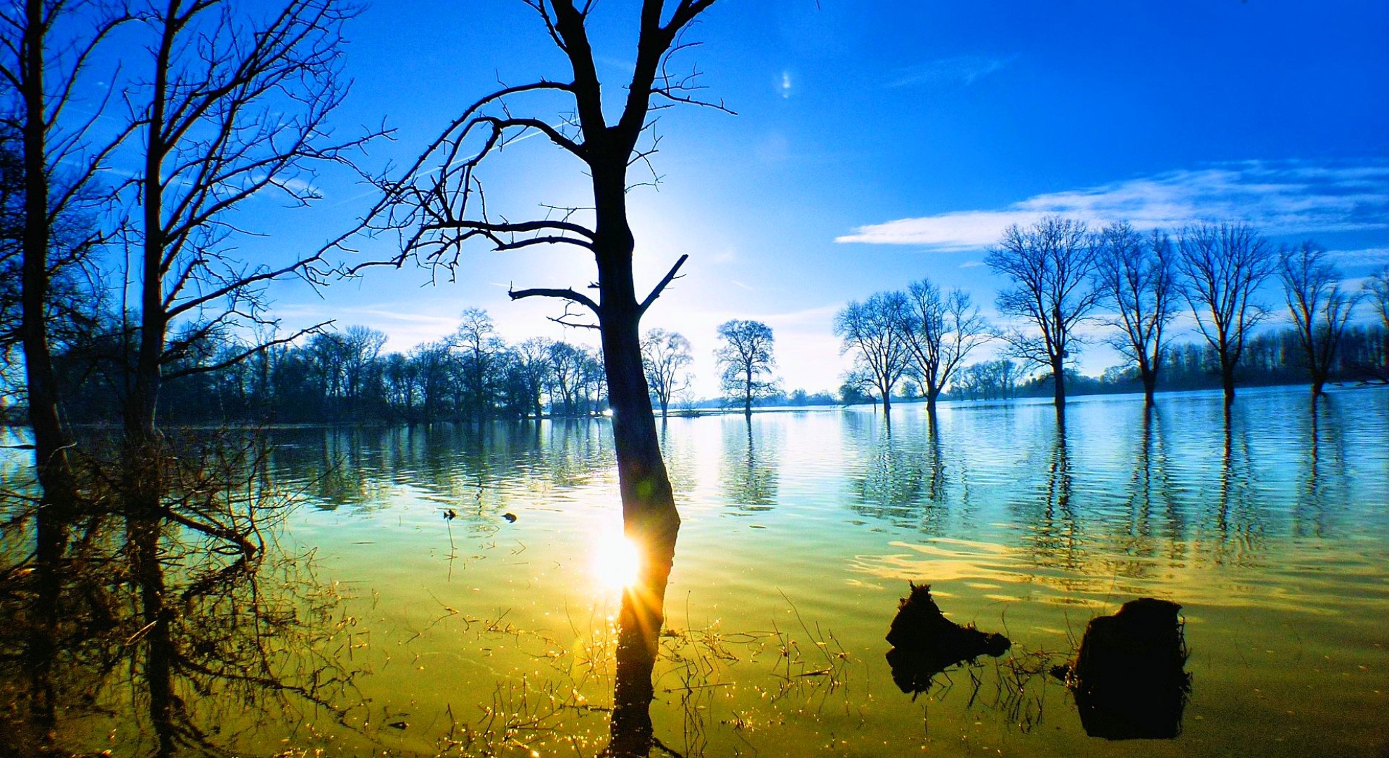 General 1979x1080 nature landscape sunset lake reflection trees water clouds calm sunlight lens flare