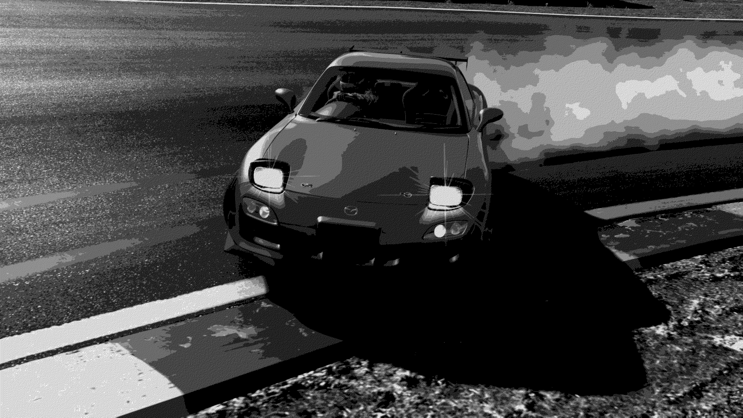 General 2560x1440 monochrome black pop-up headlights drift car vehicle Mazda Japanese cars headlights race tracks frontal view Mazda RX-7 smoke