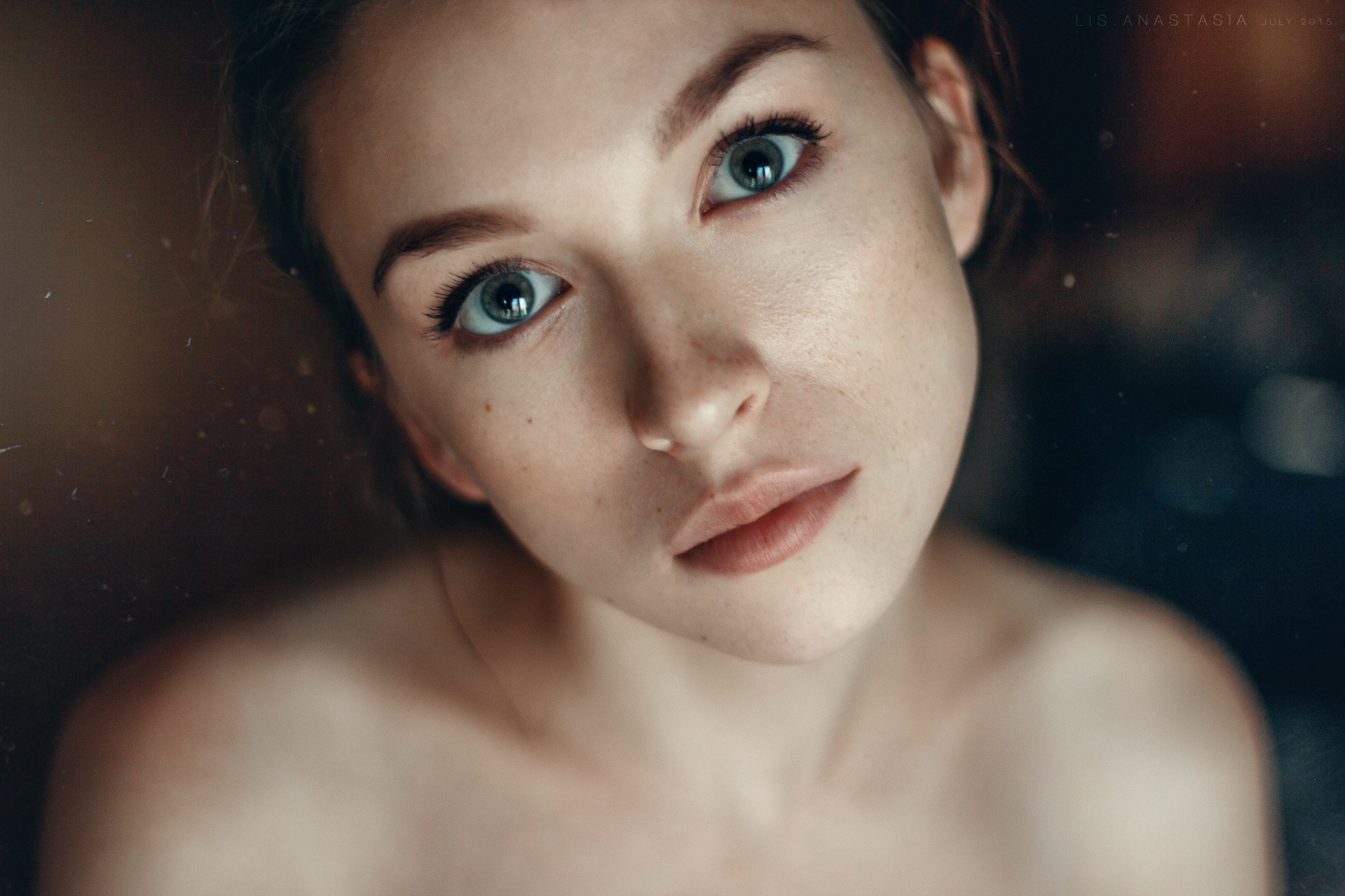 People 2048x1365 women model brunette blue eyes freckles face bare shoulders portrait looking at viewer closeup women indoors 2015 (Year) implied nude Anastasia Lis