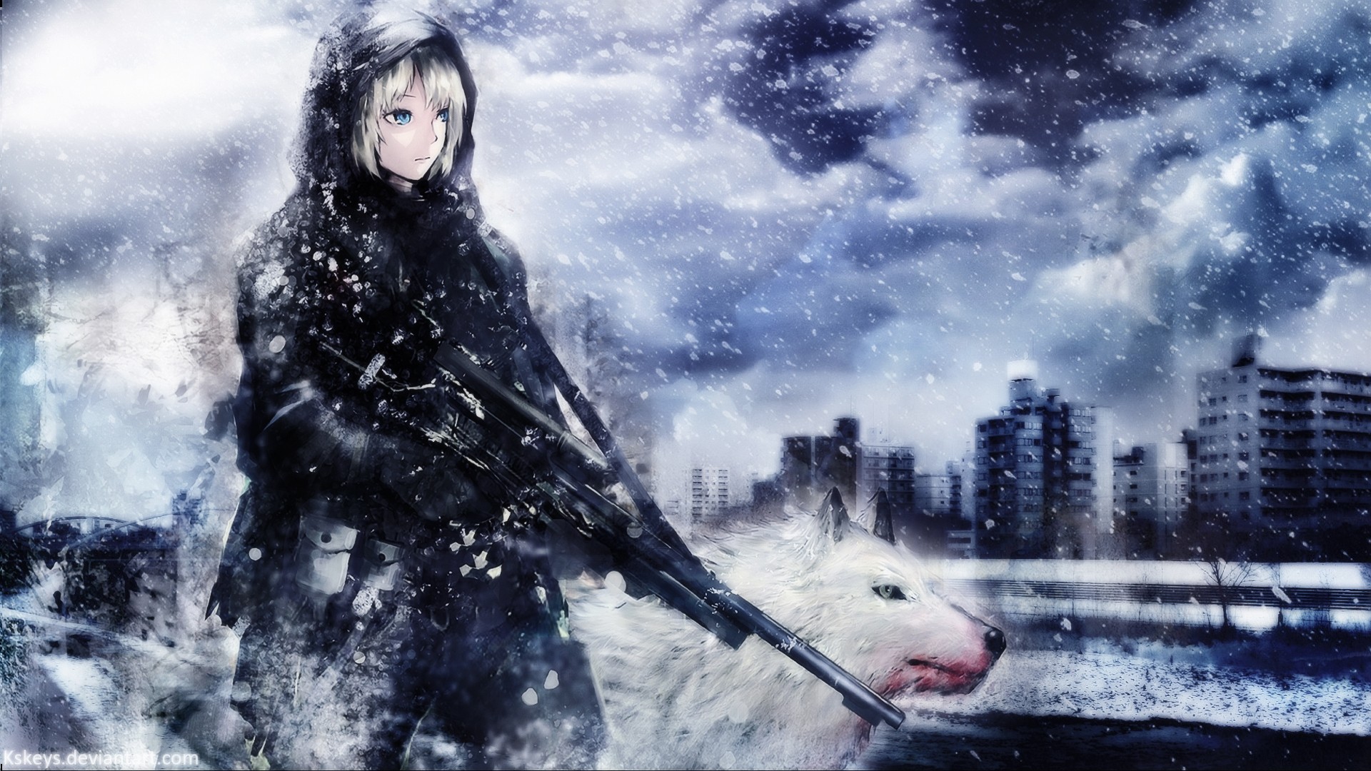 Anime 1920x1080 original characters soldier wolf snow gun cityscape weapon anime anime girls women aqua eyes cold snowflakes animals mammals girls with guns
