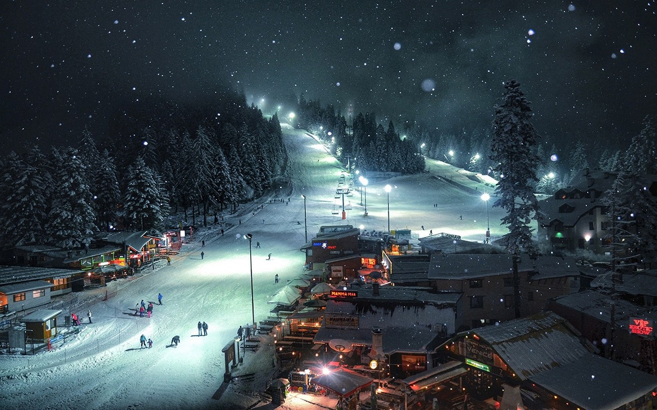 General 1300x812 nature landscape snow forest village lights night cold ski resort
