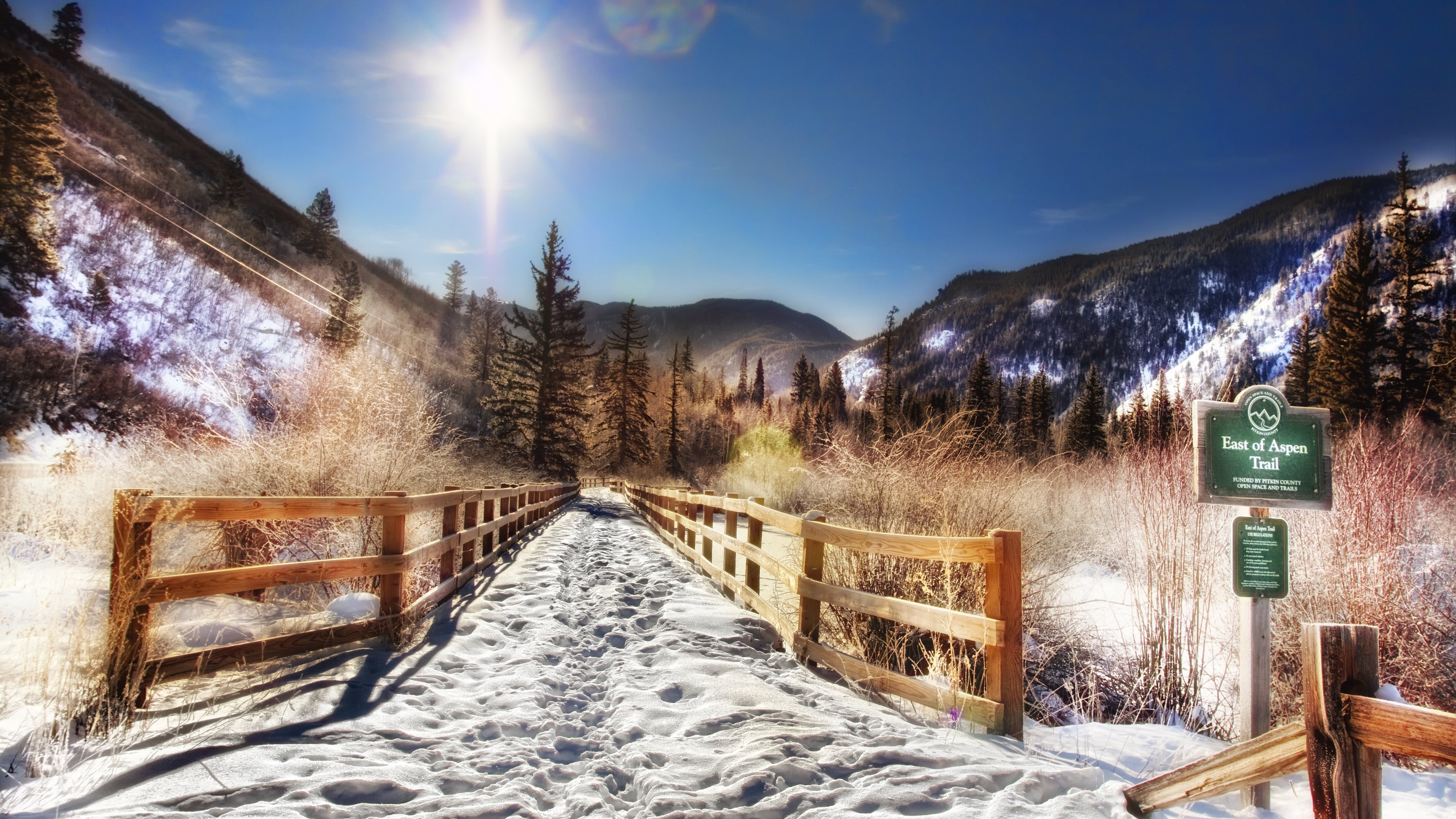 General 3840x2160 nature landscape Aspen snow trees forest sunlight mountains fence Colorado sign USA winter
