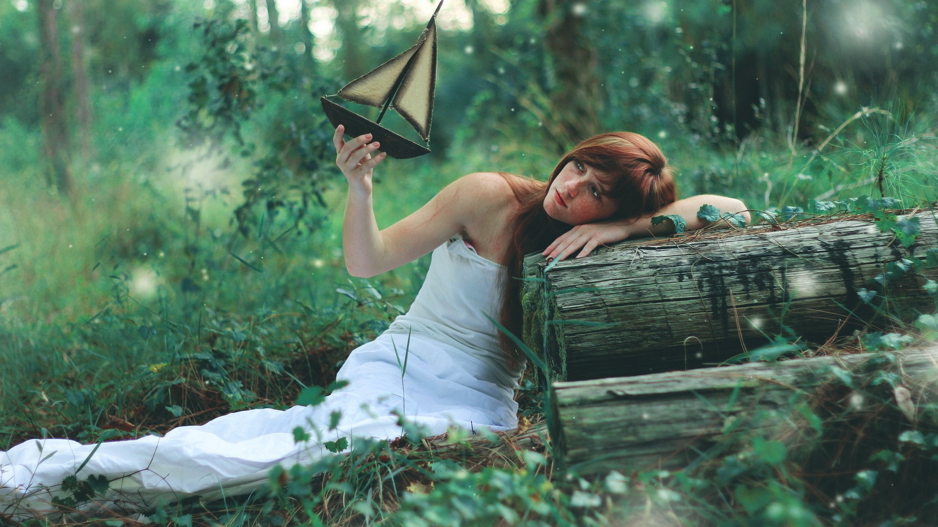 People 1920x1080 women model redhead long hair women outdoors nature wood trees field freckles white dress bare shoulders miniatures sailing ship sitting moss leaves plants vehicle boat toys white clothing