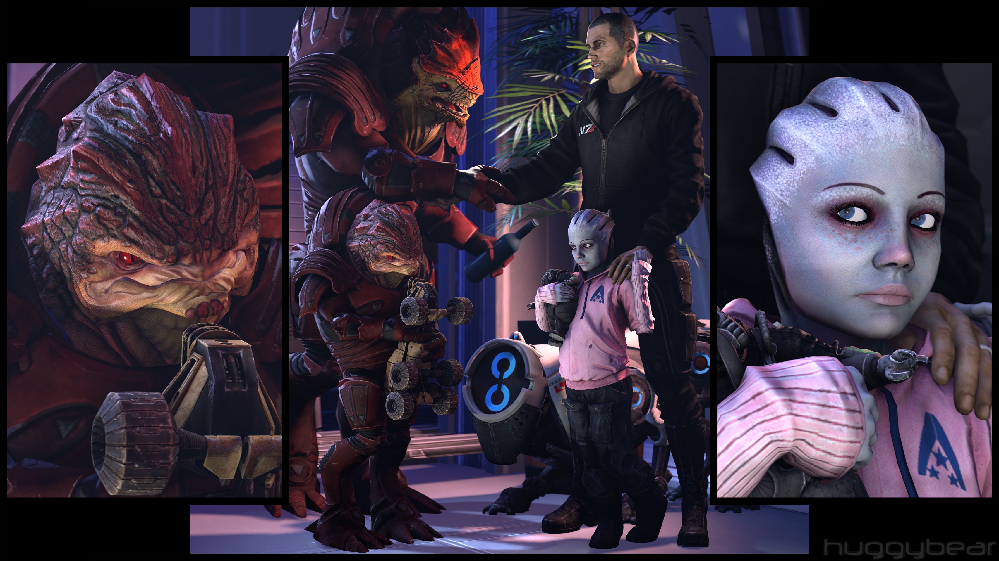 General 3414x1920 collage Mass Effect CGI video game characters Commander Shepard John Shepard Wrex Urdnot Wrex krogan Asari