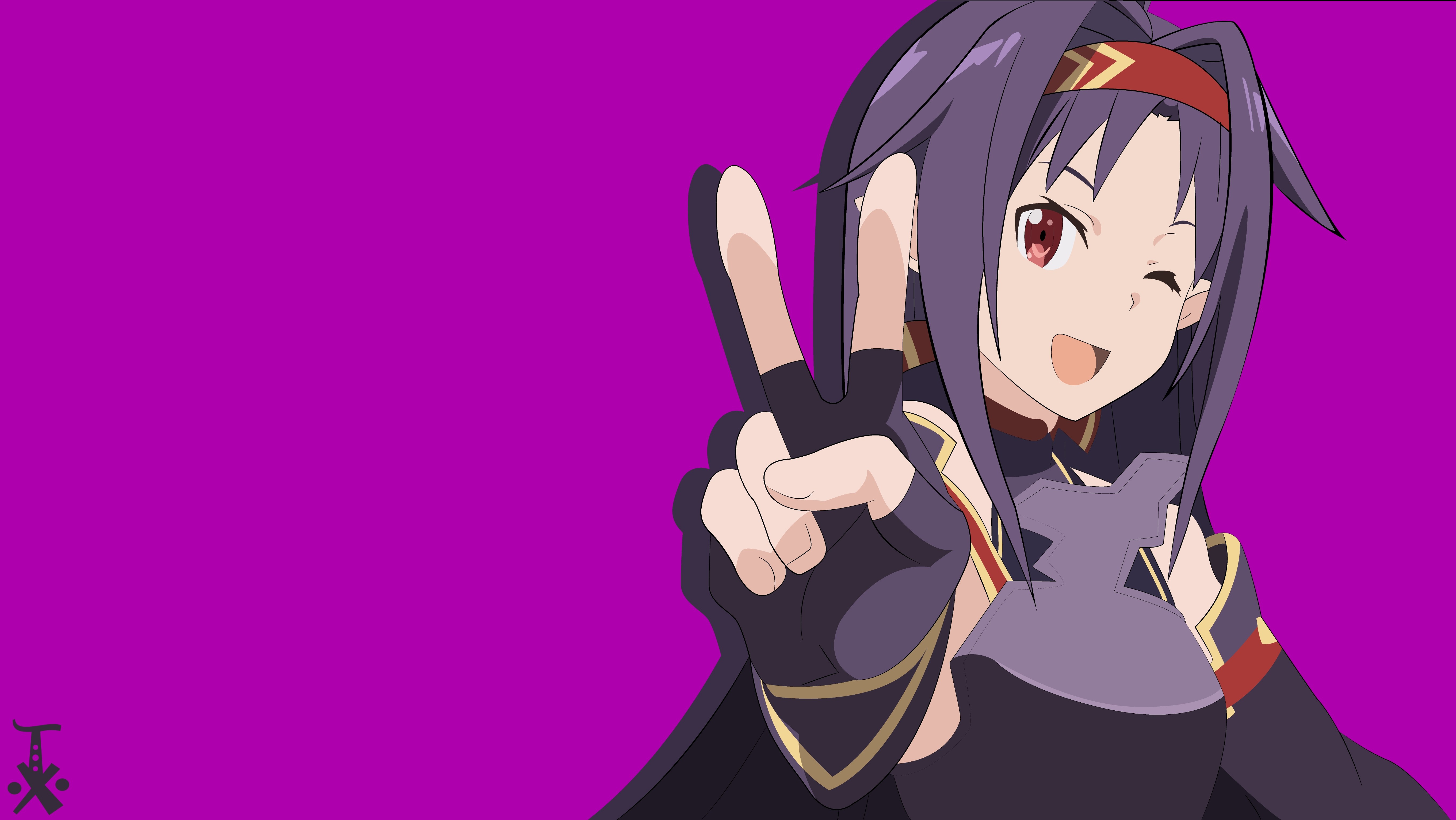 Anime 5443x3067 anime girls anime Sword Art Online Konno Yuuki pink background wink peace sign simple background victory sign red eyes open mouth hand gesture