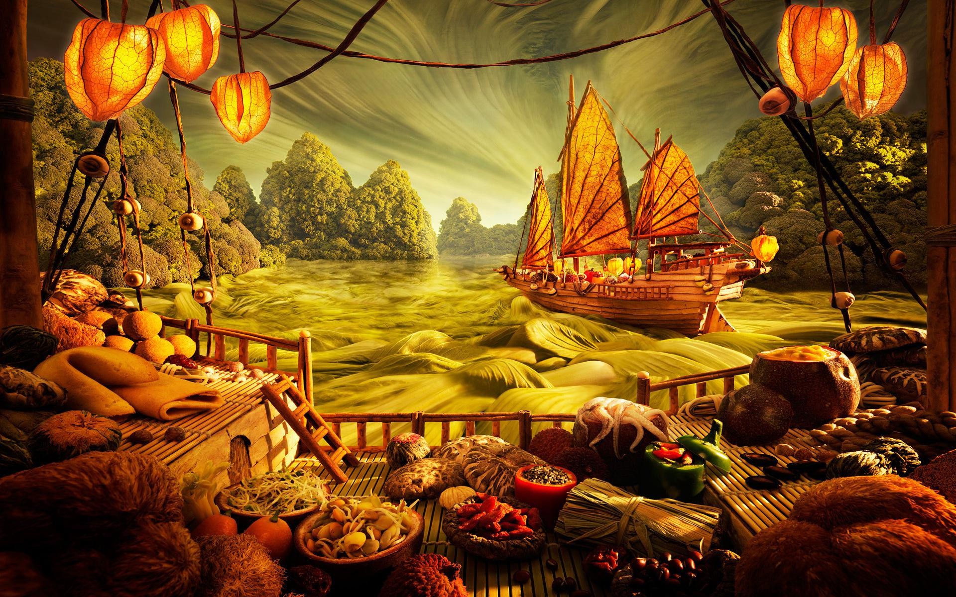 General 1920x1200 digital art fantasy art food trees sailing ship wood vegetables fruit clouds leaves vehicle